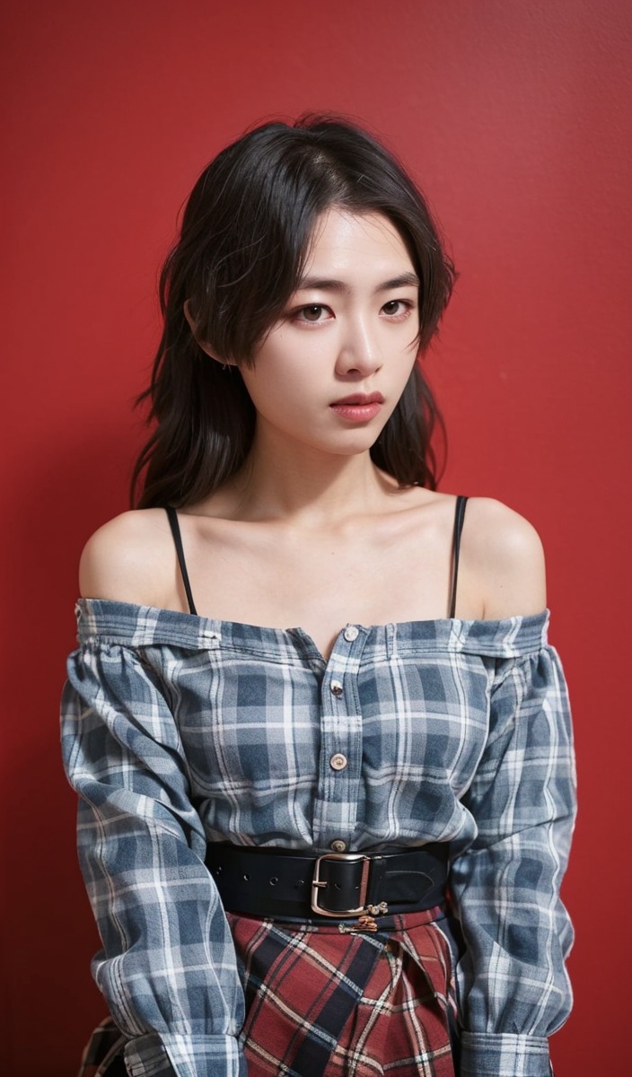 1girl,solo,skirt,black hair,realistic,long hair,looking at viewer,shirt,bare shoulders,black skirt,red background,off-shoulder shirt,plaid shirt,collarbone,plaid,belt,brown eyes,long sleeves,cowboy shot,
