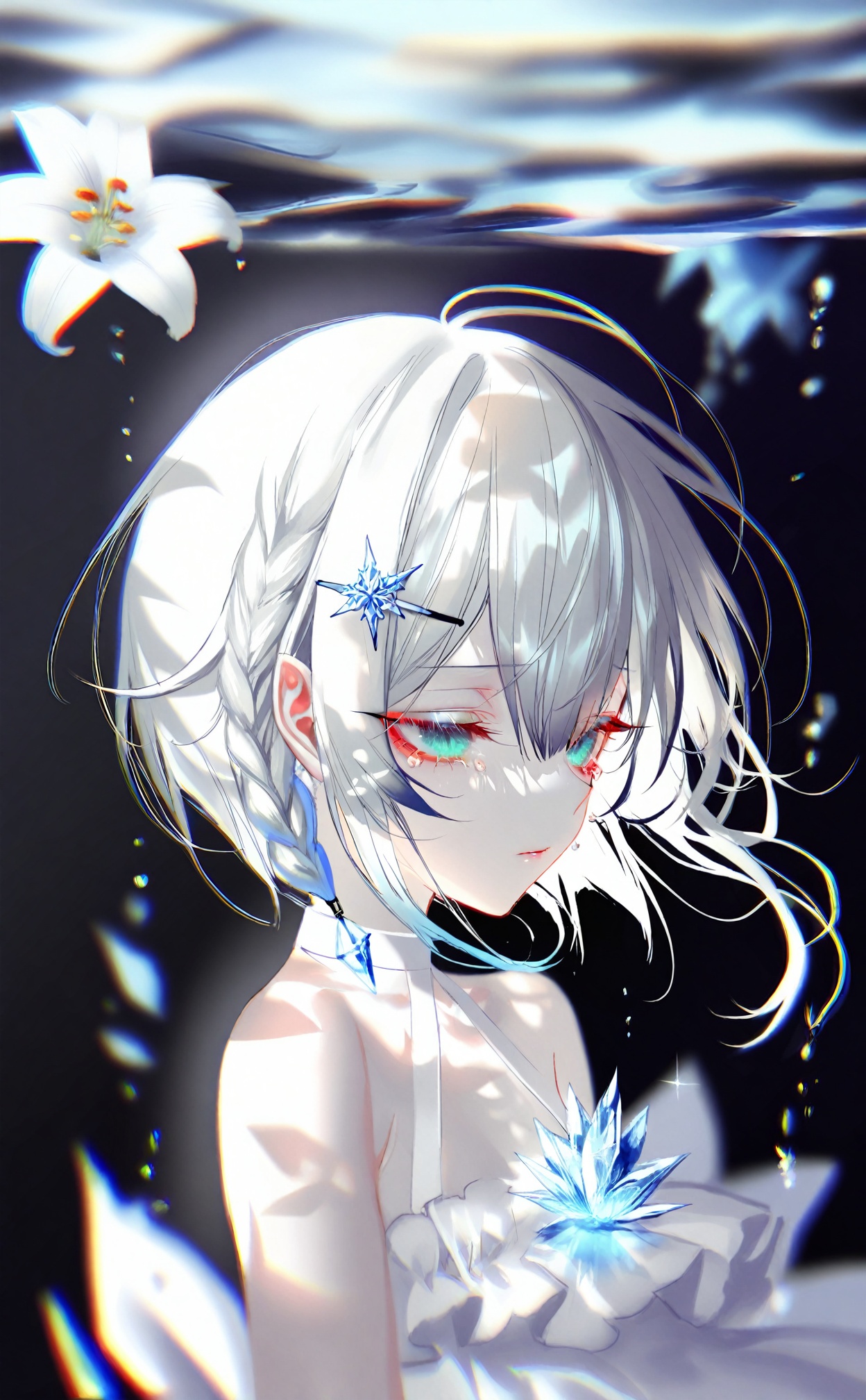 masterpiece,best quality,high quality,loli,[pottsness],[iumu],[Sheya],1 girl,loli,White Dress,White short hair,braids,lily flower hair clip,upper body,cry,water,black background,Ice crystal,dappled sunlight,Suspended colorless crystal,beautiful detailed glow,(detailed ice),beautiful detailed water,