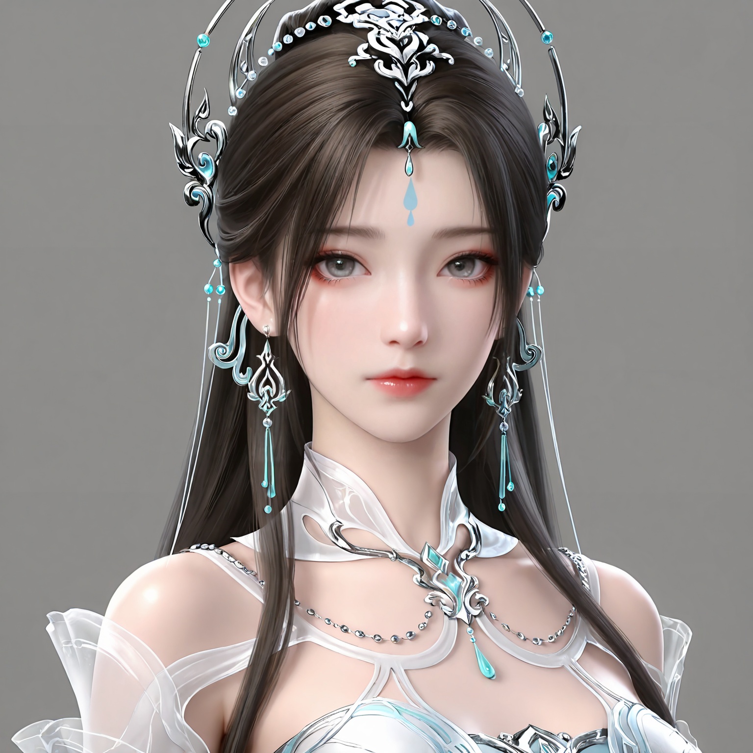 masterpiece,high quality,tall,game cg,highres,(soft light:1.2),white_skin,(shiny_skin:0.6),(realistic:1.1),lvjing,<lora:清漪·新建模ILL:0.6>,qingyi,1girl,solo,jewelry,upper body,long hair,earrings,hair ornament,forehead mark,dress,facial mark,white dress,closed mouth,looking at viewer,grey background,simple background,brown hair,black hair,