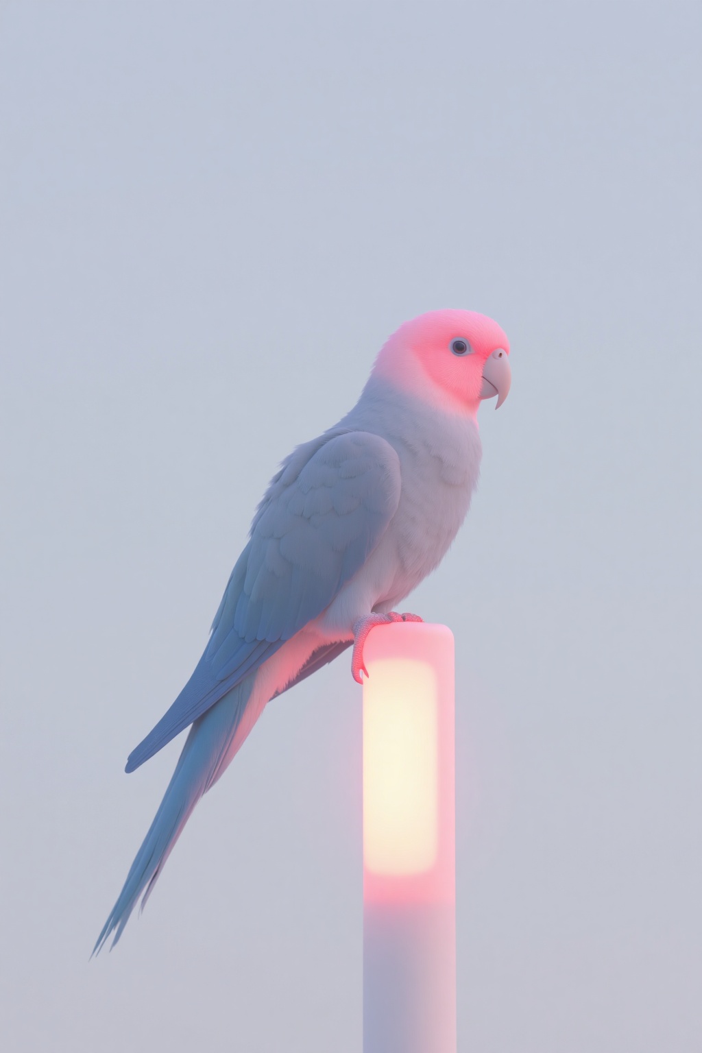 beijihui,a parrot is perched on a light pole,its head turned towards the right side of the frame. The parrot's beak is a vibrant shade of pink,while its body is a lighter shade of gray. The bird's feet are a darker shade of red,and its tail is a darker gray,adding a touch of color to the scene. The background is a soft gray,and the bird's shadow is visible in the lower right corner.,