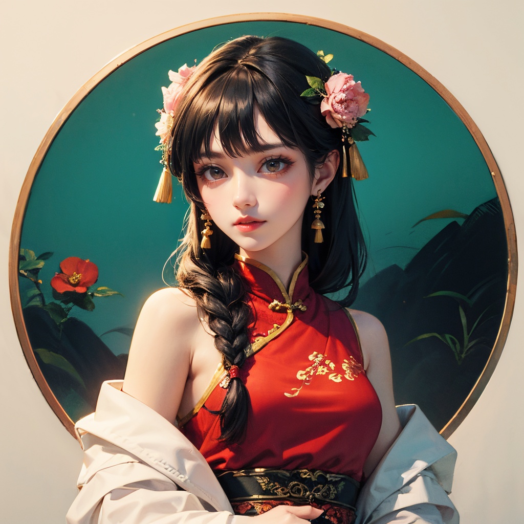(gongbihua:1.3),masterpiece,best quality,(a painting of gongbihua style:1.1),(1 girl,black hair,fishtail braid,upper body),Chinese opera,solo,(flowers background),
