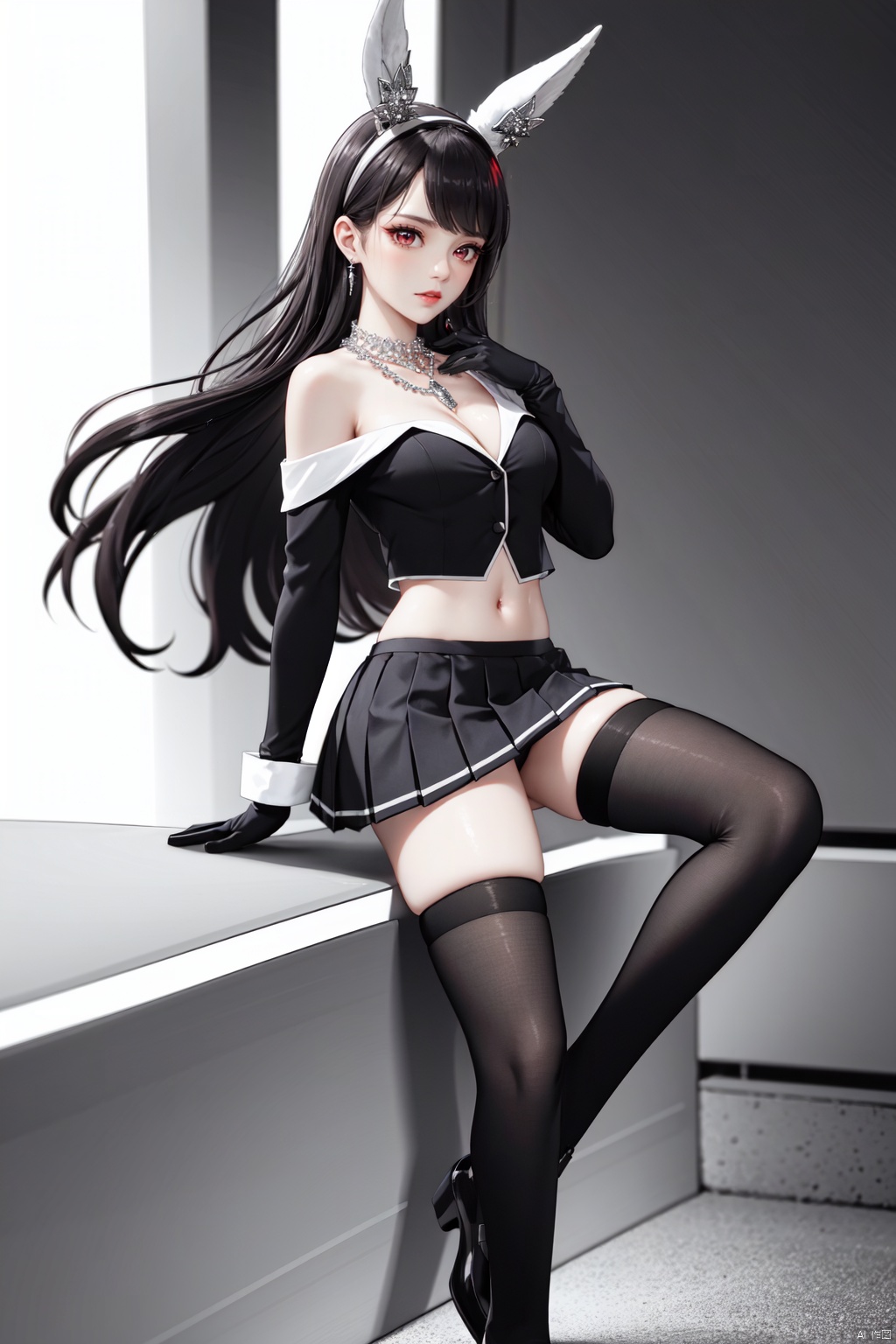 Realistic style, cinematic work, 8K wallpaper, masterpiece, very realistic quality, best quality, masterpiece, high-level, high-resolution,,,Edge lighting, dual tone lighting, soft lighting, The illuminated surface of the material has bright spots and highlights, which flicker and have a mirror effect when reflected, There are sparkling spots on the armor,,,1 girl, mature female, solo, full body, looking at viewer, lace, strong rim light, Standard proportion of female body, golden proportion of female body,,,Standing, standing posture, Sexy full body standing posture,,,,(miaogao, 1girl, long hair, black hair, red eyes, animal ears, very long hair, extra ears, floating hair, bangs,school uniform, black thighhighs, blue jacket, black skirt, navel, midriff, buttons, shoes, breasts, adjusting gloves, black socks, jacket, long sleeves, single kneehigh, midriff peek, thigh strap, miniskirt, rudder footwear, shirt, socks, uneven legwear, blue skirt, kneehighs, asymmetrical legwear, single sock, thighhighs, pleated skirt, skirt, gloves, white gloves, armband, single thighhigh, :1.2),,bare shoulders, off shoulder, black hairband, bikini bottom only, short dress, swimsuit, pleated dress, bikini, floating hair, blush, ass visible through thighs, skirt,White high-heeled shoes,:1.2),,,colorful,(detailed skin: 1.3), (detailed face: 1.3),clear focus,delicate,(mature women: 1.2),(glossy skin+glossy skin: 1.4),(sweating: 1.1),(big_eyes),red_ eyeshadow,long_ Eyelashes, red lips,,,simple background, grey background,,,(Diamond hair accessories, diamond necklaces, diamond earrings, diamond earrings, clothes embedded with diamonds, armor embedded with diamonds,:1.3),, , HDN301, miaogao<lora:EMS-325758-EMS:0.300000>