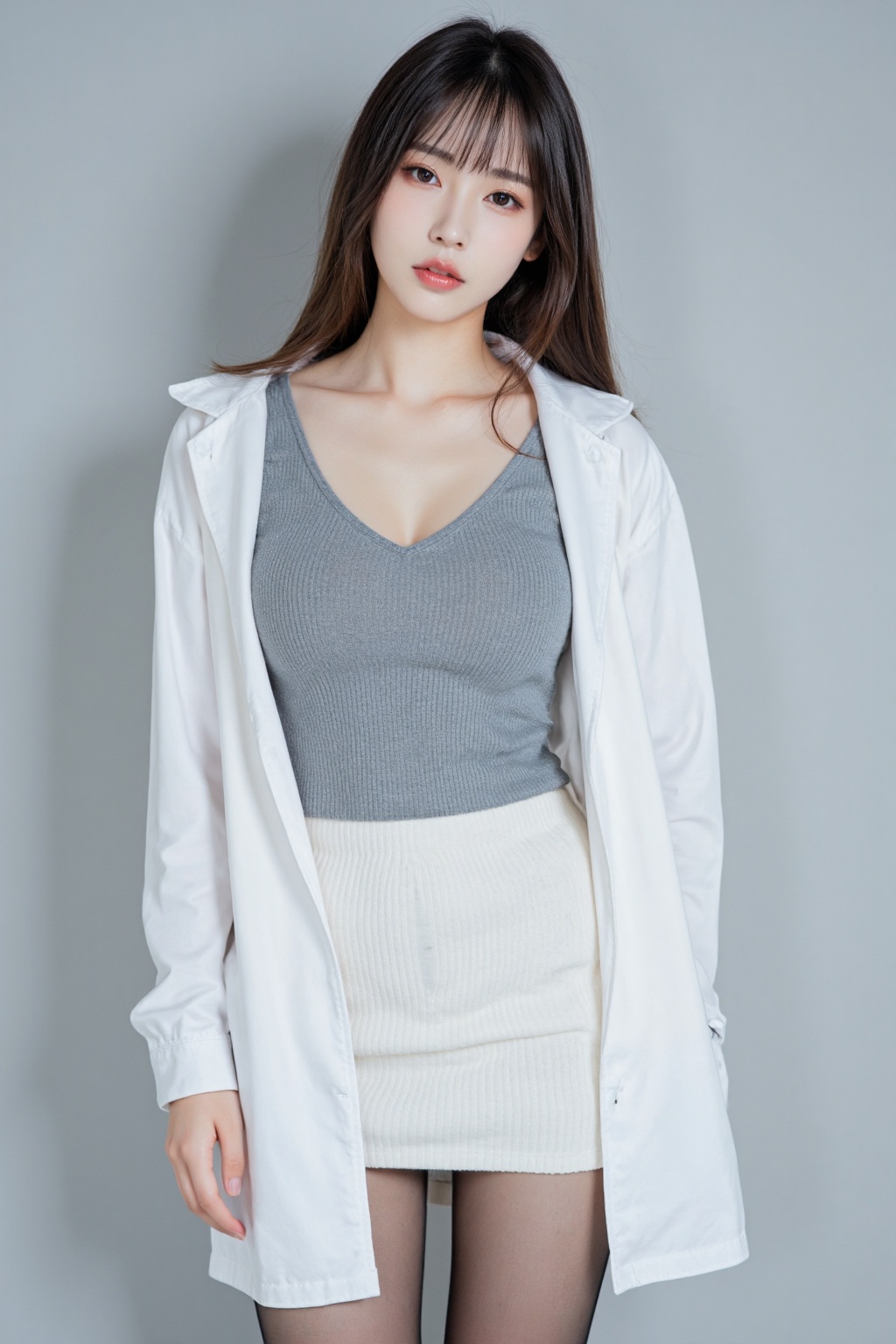 Sophisticated and alluring lady,This is a high-resolution photo of a young East Asian woman with a slim figure and fair skin. She stood in front of a plain light gray wall and posed,which enhanced people's attention to her. Her hair is smooth,with a long bob on her chin and blunt bangs that highlight her face and give her a smooth appearance. She wore a fitted ribbed gray top that highlighted her hourglass figure,especially her big tits. The top has a V-neck that reveals a hint of cleavage. In addition,she was wearing a white laboratory suit,slightly open,giving people a professional and casual feeling. She also wore a high-waisted white ribbed miniskirt,holding her hips tightly,highlighting her curvy buttocks. Her legs were wearing pure black pantyhose,adding a touch of sexiness. Her makeup is exquisite and focuses on natural beauty. Shooting at low angles,the overall composition and styling blends professional and tempting elements to create an interesting juxtaposition. The picture is clear and bright,accentuating the texture of her clothes and the smoothness of her skin. This photo may have been taken in a studio setting with minimal background,ensuring that the subject is always in focus.,