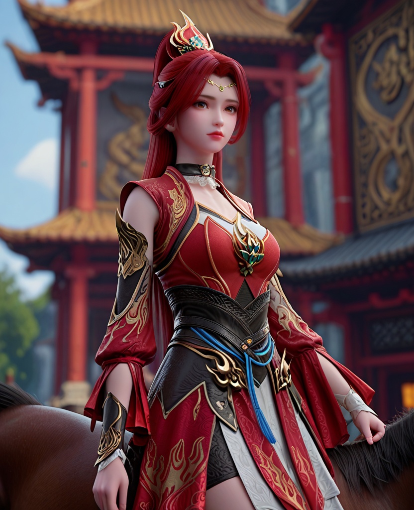 (oriental architecture, elegant decor, sophisticated style:1.1),(riding a horse:1.1),looking at viewer,(breasts:1.2),<lora:XL斗破苍穹唐火儿:0.95>,miss tanghuoer,red dress,brown eyes,red hair,ponytail,hair ornament,long hair,choker,asymmetrical sleeves,sash,skirt,, score_9,score_8_up,score_7_up,score_6_up,score_5_up,score_4_up,3d rendering,tag1,tag2, Cinematic Lighting,backlighting,, zPDXL3, zPDXL2,zPDXL, zPDXLxxx, zPDXLrl,