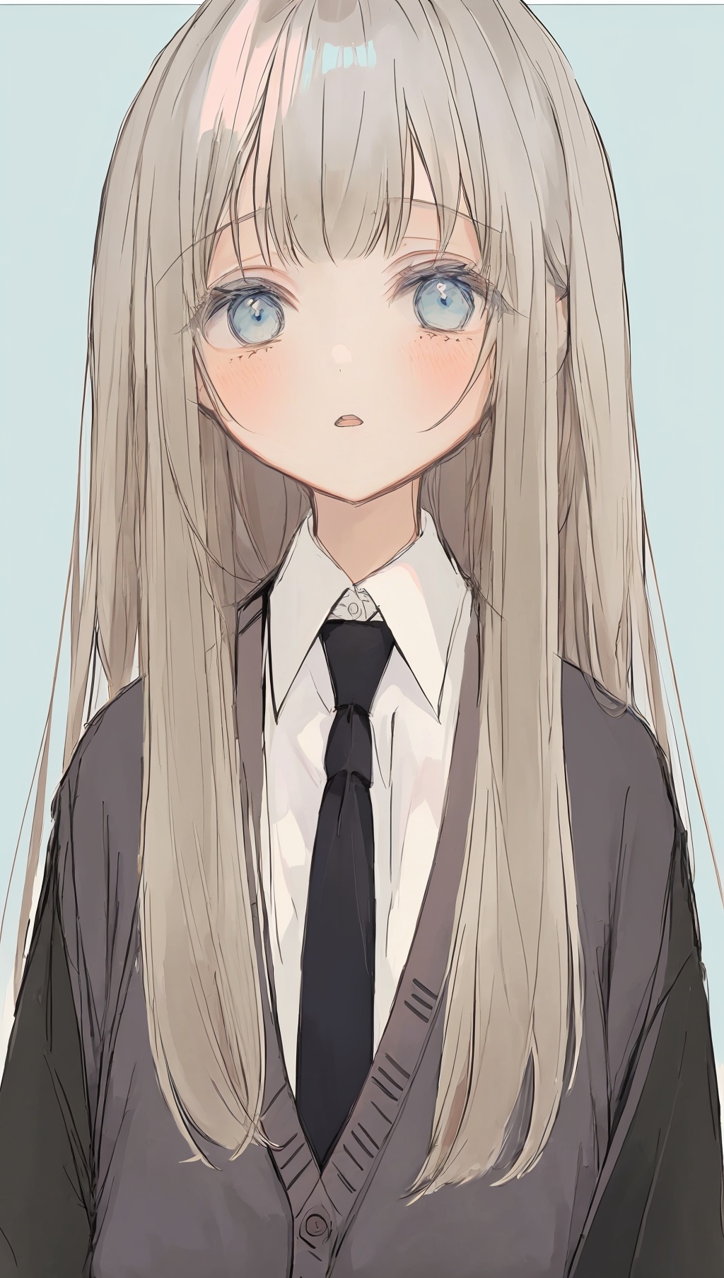 1girl,solo,necktie,long hair,black necktie,shirt,collared shirt,white shirt,simple background,blush,upper body,color guide,long sleeves,grey background,sleeves past wrists,bangs,cardigan,blue eyes,hand up,looking at viewer,parted lips,