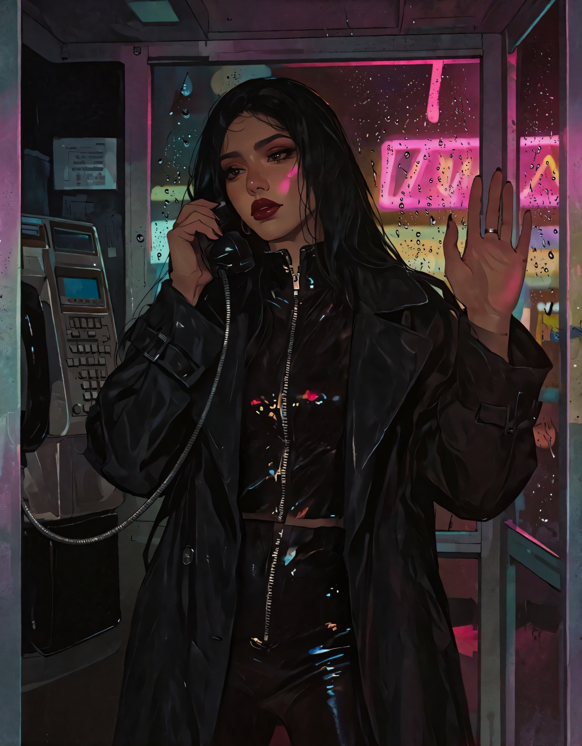 A young woman with long straight black hair and dark red lipstick stands in a phone booth at night. She wears a black late...