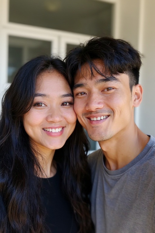 <lora:20250521_AgainMouthSizeF1Lora:-2>,This is a photograph of a young couple posing for a selfie indoors. The woman, with long black hair, wears a black top. The man, with short dark hair, is in a shirt. The background is outdoors.