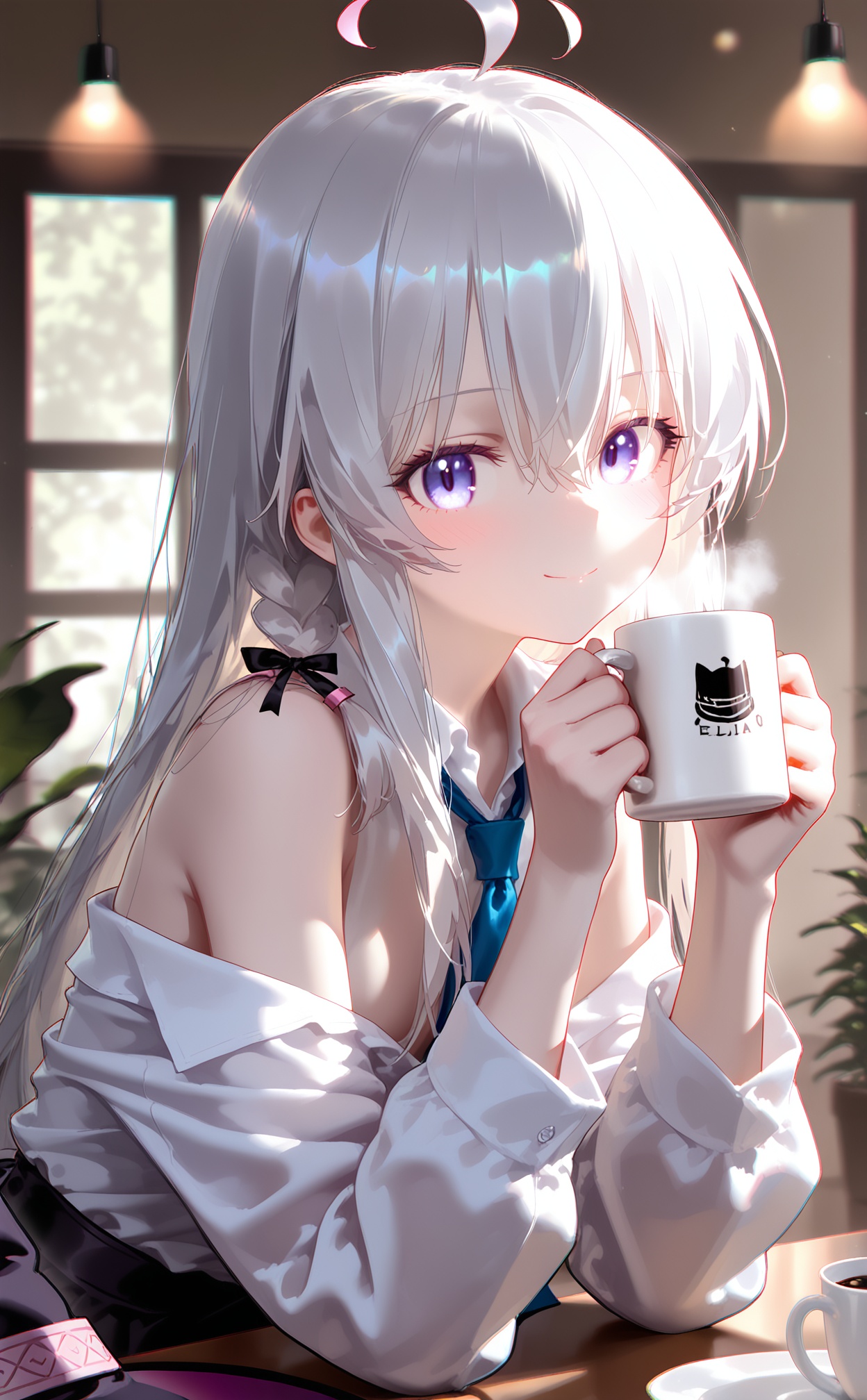 masterpiece,very aware,highres,absurdres,newest,best quality,loli,petite,high quality,chromatic_aberration,//,nyalia style,1girl, elaina (majo no tabitabi), cup, solo, hat, shirt, ahoge, plant, purple eyes, long hair, from outside, cafe, window, holding cup, holding, smile, witch hat, unworn headwear, white shirt, hanging light, coffee, necktie, unworn hat, collared shirt, mug, ribbon, grey hair, potted plant, saucer, black headwear, steam, hair between eyes, looking outside, closed mouth, long sleeves, blush, elbows on table, hair ribbon, white hair, blue necktie, coffee mug, indoors, plate, table, off shoulder, upper body, blurry foreground, looking at viewer, black ribbon, sitting//,<lora:nyalia——【noob】hans:1>,
