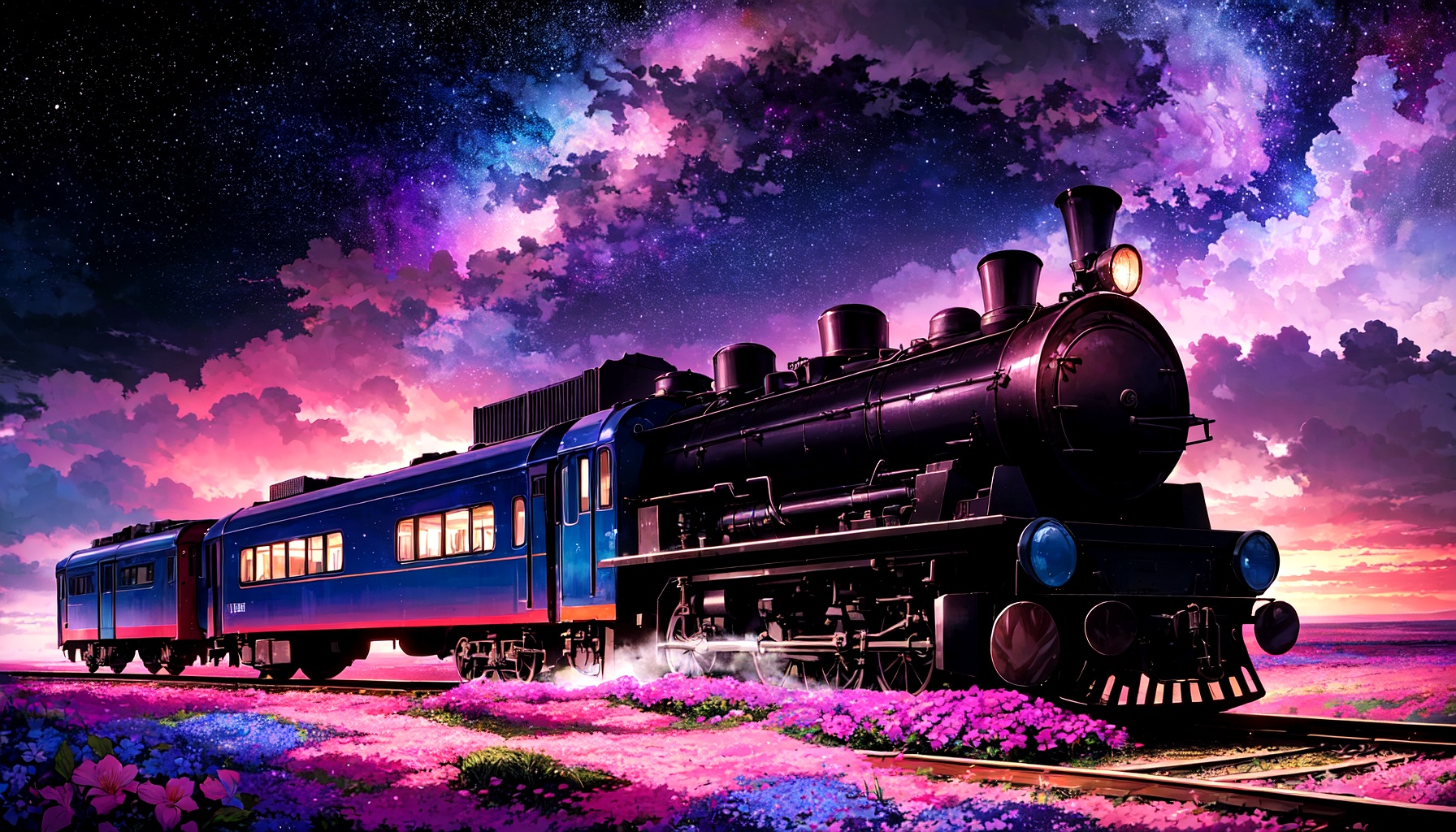 Hyperrealistic train detailed with blooming flowers,  ethereal cloud animals with shimmering outlines,  passengers gazing...