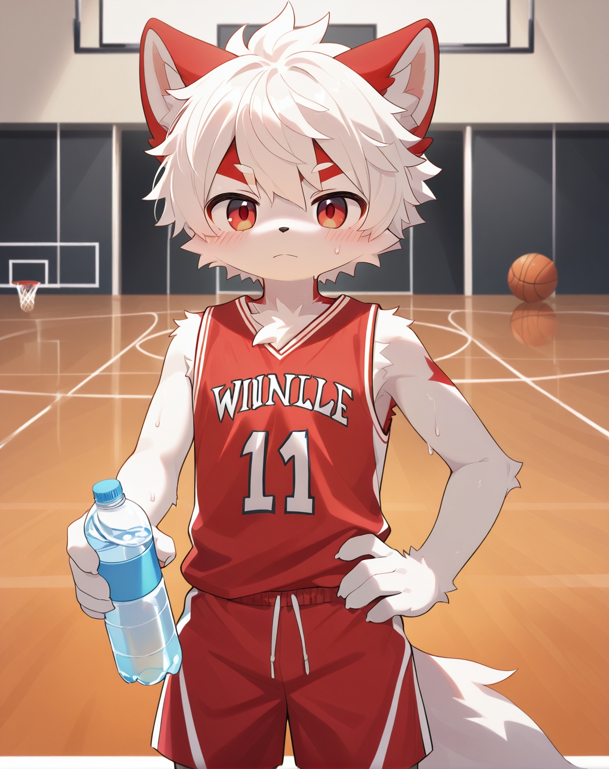 solo,male focus,(white hair,red eyes),indoors,basketball court,looking at viewer,red sleeveless,red shorts,sweat,one hand on hip,holding water bottle,hand on hip,depth of field.,body fur,furry,