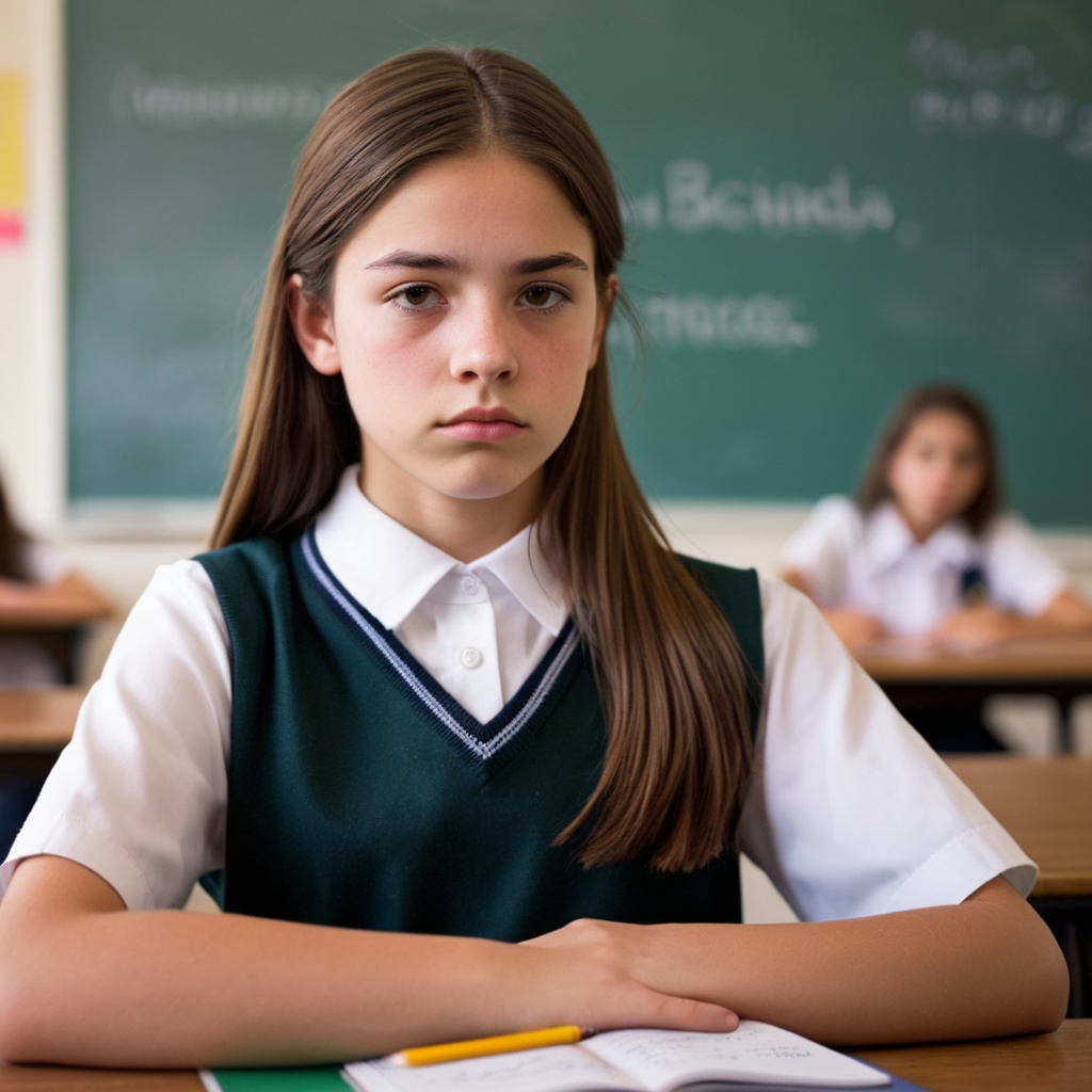 A 15-year-old girl with medium-length,  straight brown hair,  dressed in a school uniform. She is in a classroom with a bl...