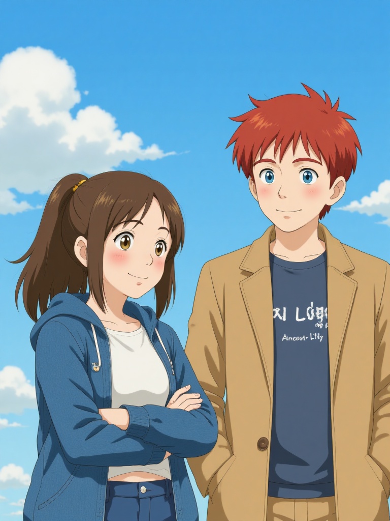cpppppi, short hair, hood, blue eyes, sfw, open clothes, brown hair, denim, 1girl, open jacket, 1boy, denim jacket, hair_ornament, sky, open hoodie, red hair, hoodie, hood down, looking at another, day, outdoors, long hair, cloud, jacket, blue sky, hands in pockets, blush, looking at viewer, ponytail, brown eyes, crop top, smile, male focus, brown jacket, ponytail_hair_ornament, crossed arms. Ghibli character style,