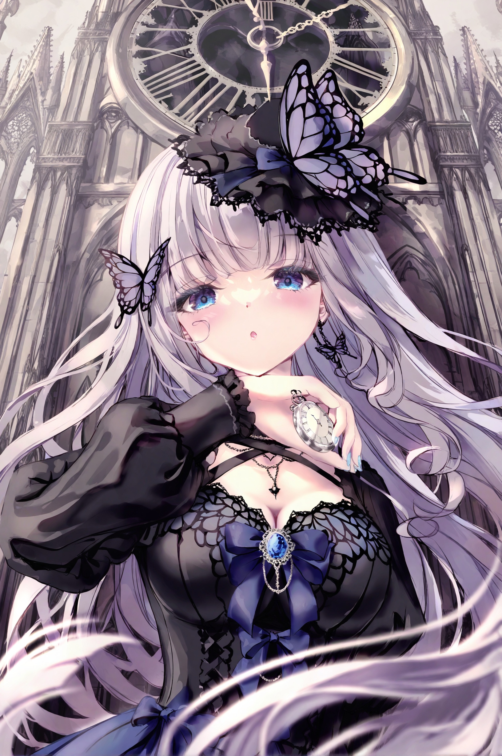 best 1girl clock butterfly bug breasts long hair clock tower dress tower solo watch hair ornament cleavage blue butterfly black dress looking at viewer butterfly hair ornament blue nails blue eyes jewelry nail polish pocket watch very long hair long sleeves bow grey hair holding parted lips building outdoors floating hair purple butterfly lolita fashion ribbon roman numeral gem blush :o choker necklace pendant dress bow blue gemstone pendant watch frilled dress frills blue bow blunt bangs large breasts blurry clothing cutout black ribbon gothic lolita medium breasts brooch blurry foreground stopwatch black headwear sky hat purple nails black choker hand up upper body lace-trimmed dress cleavage cutout puffy sleeves day  <lora:lp27New.up1-000038:1>