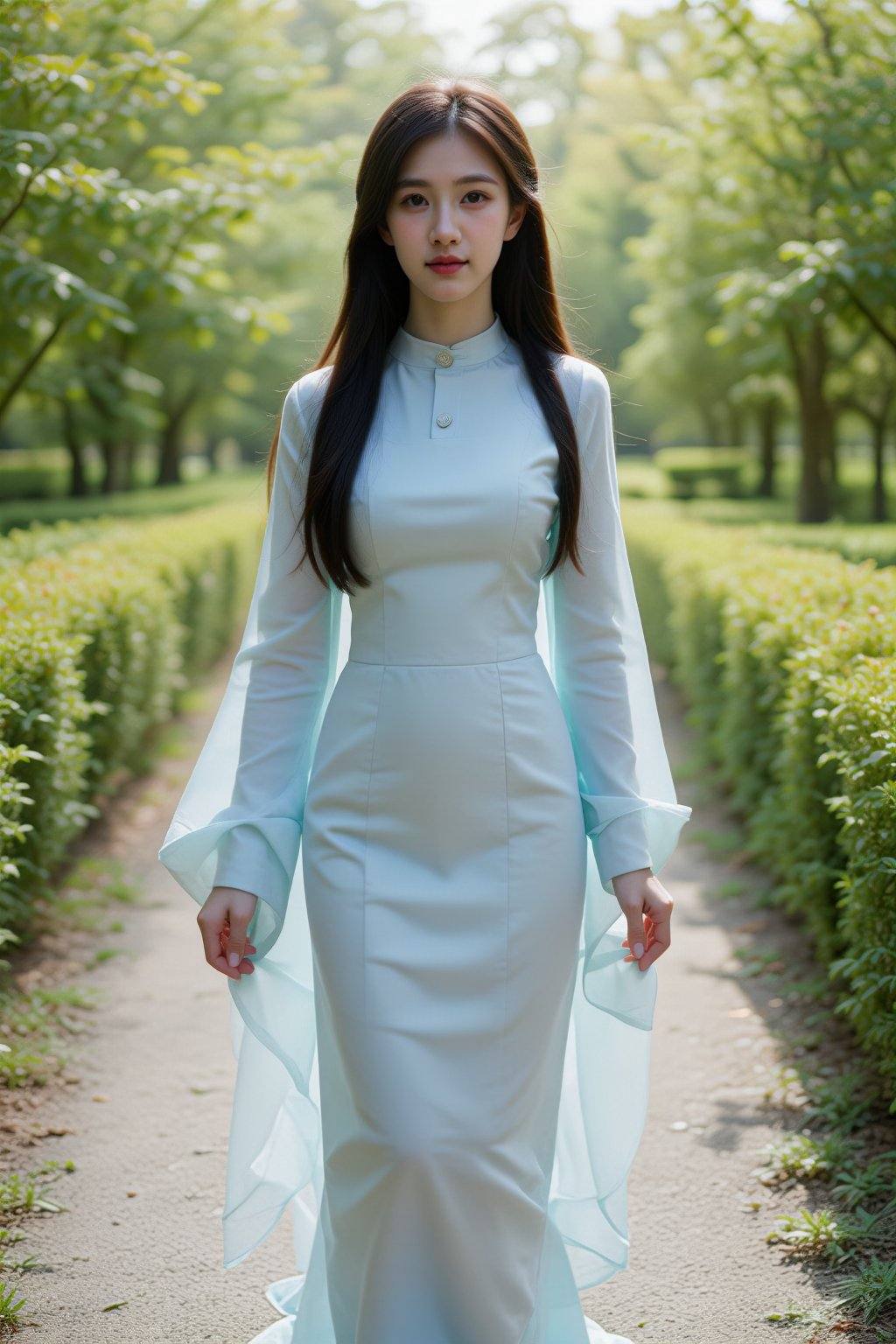 The image depicts an outdoor photograph of a young Asian woman standing on a narrow gravel path surrounded by lush green h...