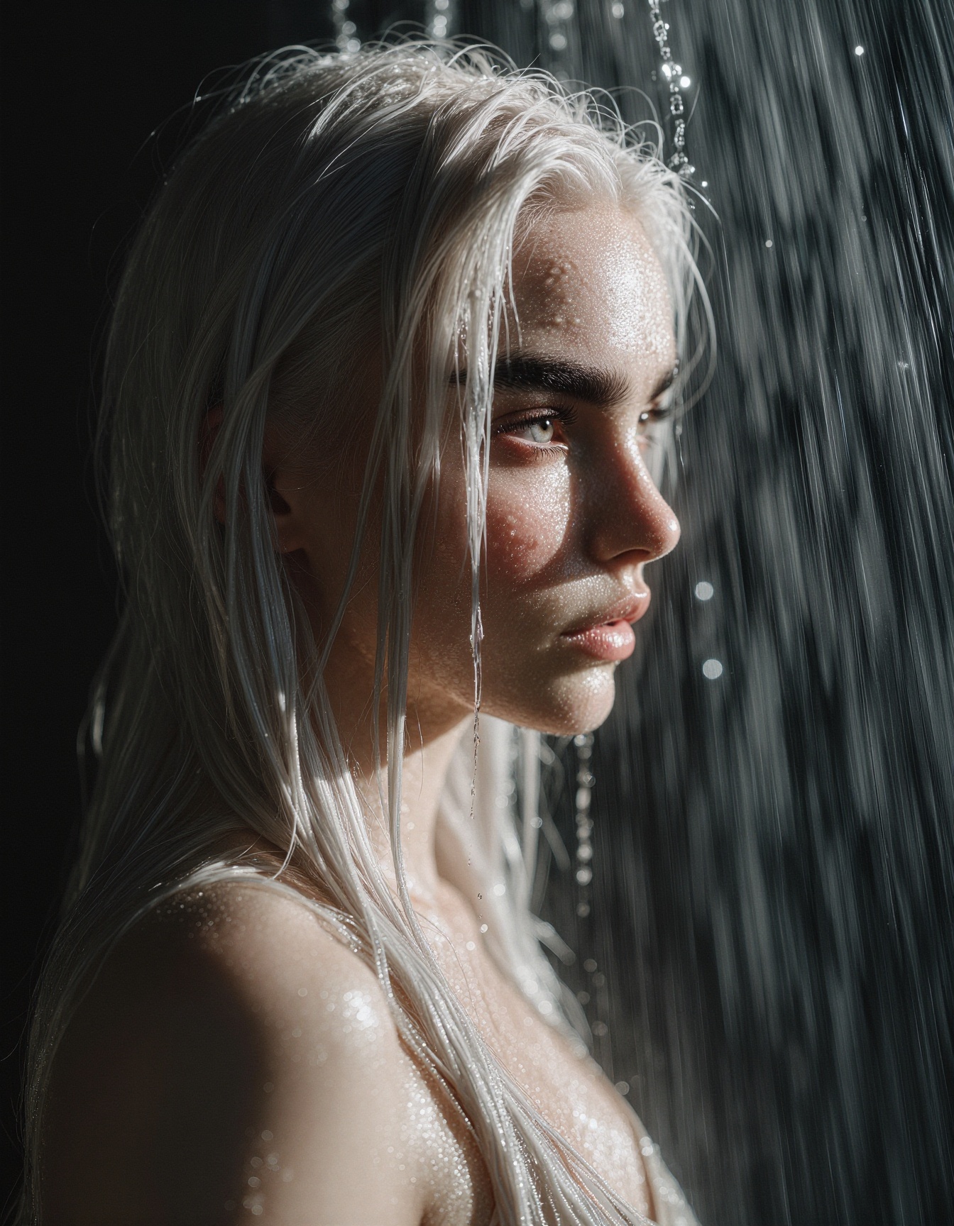 anvx01,  platinum hair,  A sexy woman with platinum wet blonde hair stands in a waterfall as cascading water streams down...