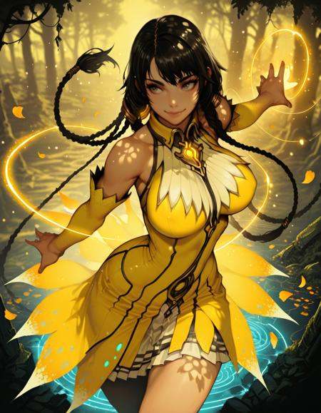 masterpiece,  best quality, 1girl, solo,  absurdres, large breasts,reithdg,win braids, black hair, long hair, yellow dress,magic, smile,from above , backflipping away from an attack, midair twist, defensive focus, ,ruins, forest, petals,  blurry background, glowing, light particles, embedding:SmoothQuality, 