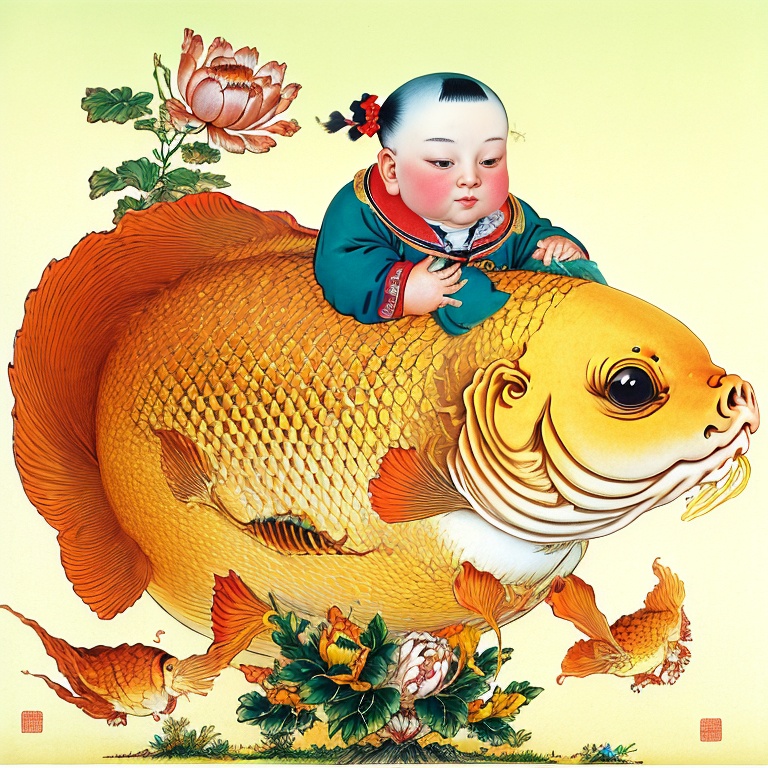 Big fat child riding on a big carp, lotus leaves, lotus flowers<lora:鲜创一派@杨柳青年画_Willow youth painting:1>Willow youth painting
