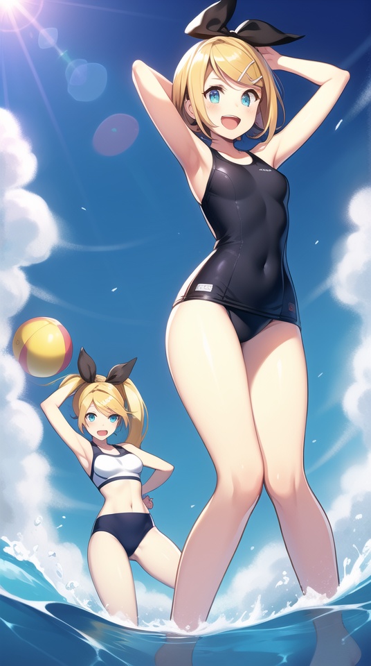(best quality), ((masterpiece)), (highres), illustration, original, extremely detailed, <lora:yongyiduoren-000004:0.6> yyds, kagamine rin, swimsuit, hatsune miku, 2girls, multiple girls, kagamine len, long hair, 1boy, twintails, blonde hair, day, bikini, aqua eyes, one-piece swimsuit, open mouth, aqua hair, arms up, sky, outdoors, cloud, armpits, lens flare, ball, school swimsuit, water, flower, short hair, wading, smile, very long hair, bug, beachball, sun, hair ribbon, male swimwear
