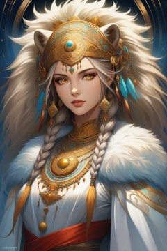 ethereal fantasy concept art of   . magnificent, celestial, ethereal, painterly, epic, majestic, magical, fantasy art, cover art, dreamy, hyper detailed, anthropomorphic lion, white fur, yellow eyes, tribal markings, adorned with jewelry, medallions, white robes, braids, red sash, fantasy character, portrait orientation, detailed fur texture, intricate designs on clothing and jewelry, serene expression, standing indoors, background blurred, high detail, digital art, illustration,