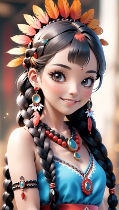 3DIP,PEIQI,(wsoiran:1.1),masterpiece,best quality,masterpiece,masterpiece,3D,1girl, jewelry, solo, earrings, braid, necklace, feathers, blurry, blurry background, looking at viewer, feather hair ornament, black hair, smile, headdress, beads, long hair, native american, hair ornament, multiple braids, tribal, twin braids, depth of field, hair over shoulder, closed mouth, hair beads, portrait, realistic, tattoo, upper body, black eyes, lips, bead necklace, facial mark