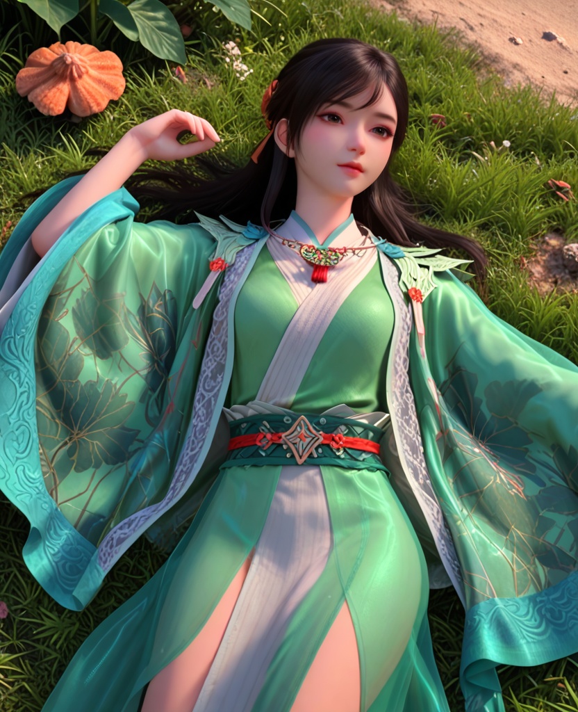 (oriental architecture, elegant decor, sophisticated style:1.1),(Lying on a grassy hill, arms spread out, looking like a starfish and enjoying the sun,:1.1),(breasts:1.2),<lora:XL少年歌行叶若依:0.95>,miss yeruoyi,green dress,see-through robe,necklace,black hair,long hair,gray eyes,hair ornament,floral print,bangs,sash,hair bun,lips,, score_9,score_8_up,score_7_up,score_6_up,score_5_up,score_4_up,3d rendering,tag1,tag2, Cinematic Lighting,backlighting,