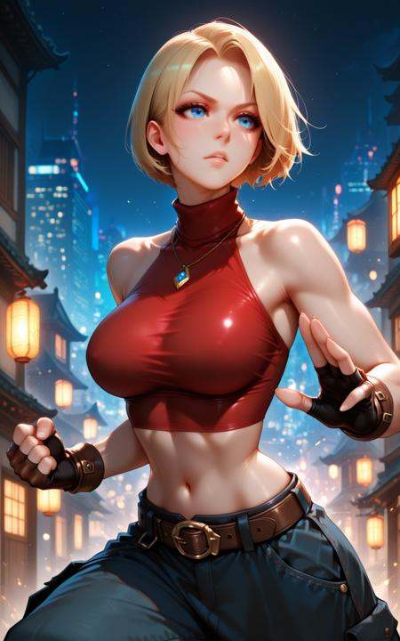 ilbmary, 1girl, breasts, solo, gloves, blue eyes, pants, crop top, blonde hair, short hair, navel, midriff, jewelry, fingerless gloves, belt, large breasts, turtleneck, bare shoulders, night, baggy pants, sleeveless, halterneck, sleeveless turtleneck, necklace, fighting stance, toned, taut clothes, building, city, abs, forehead, taut shirt, shirt<lora:illustrious- Blue Mary-1024x1600:1>, red top, extra belt