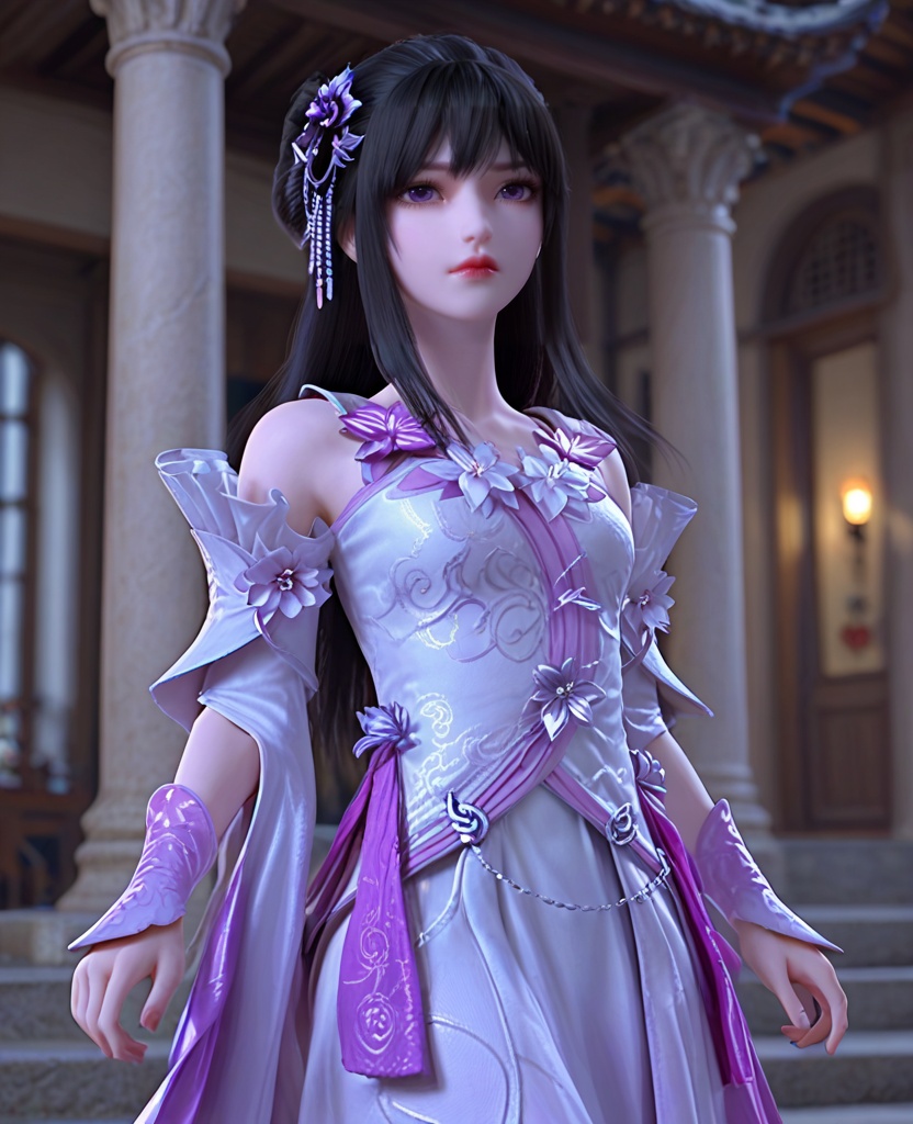(oriental architecture, elegant decor, sophisticated style:1.1),beckoning,(breasts:1.2),<lora:XL完美世界小月婵>,1minigirl,solo,dress of pinky white,detached sleeves,purple eyes,bangs,hair ornament,black hair,long hair,flower ornament,wristband,eyelashes,lips,, zPDXL2, score_9, score_8_up, score_7_up BREAK realistic, masterpiece,best quality, highly detailed,, zPDXL3, zPDXL2,zPDXL, zPDXLxxx, zPDXLrl,