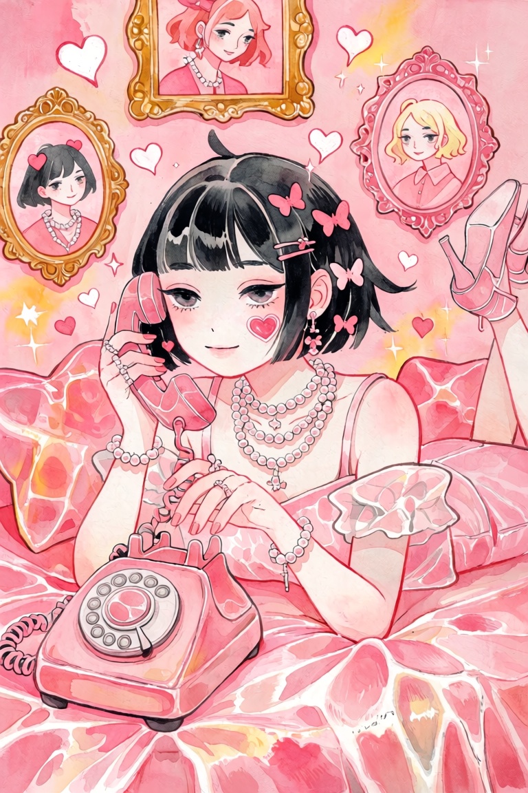 A young woman with a black bob haircut and blunt bangs reclines on a glossy pink satin surface,  holding a vintage pink ro...