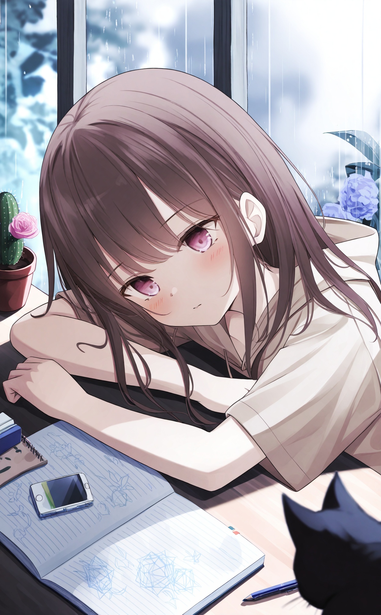 white_background,masterpiece,very aware,highres,absurdres,newest,best quality,loli,petite,high quality,chromatic_aberration,loli,loli,//,1girl, eraser, cactus, mug, brown_hair, pencil, cat, long_hair, solo, cup, hood, hoodie, blush, plant, blurry, purple_eyes, coffee_mug, flower, hood_down, short_sleeves, indoors, cellphone, closed_mouth, phone, potted_plant, steam, brown_hoodie, table, rain, mechanical_pencil, sleeping, depth_of_field, pen, animal, blurry_foreground, blurry_background, notebook, upper_body, pink_eyes//,//,//,<lora:千道センリ——【noob】hans:0.8>,