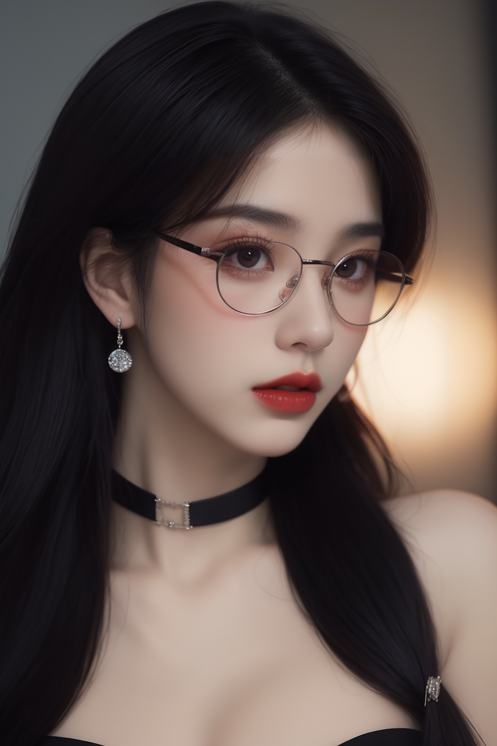 1girl, black choker, black hair, blurry, blurry background, blurry foreground, breasts, choker, cleavage, collarbone, depth of field, earrings, glasses, jewelry, large breasts, lips, long hair, looking at viewer, red lips, solo focus <lora:御姐:1>
