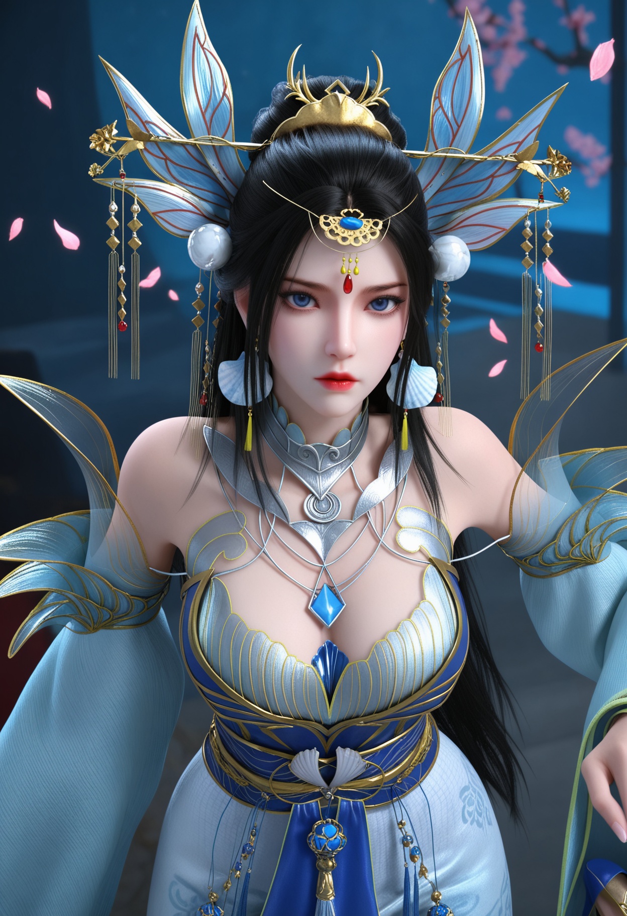 (upper_body:1.2),(looking at viewer:1.1),masterpiece,(best quality),smog,Dark room,dim lighting,peach blossom,falling petals,<lora:YQ_Illustrious光辉v5_楚宣_V1:0.8>,q1528437228,1girl,solo,hair ornament,black hair,long hair,jewelry,dress,earrings,blue dress,chinese clothes,detached sleeves,blue eyes,sash,necklace,high heels,hair bun,tiara,blue footwear,brown hair,forehead mark,wide sleeves,long sleeves,pantyhose,ponytail,detached collar,collar,thighs,gold footwear,