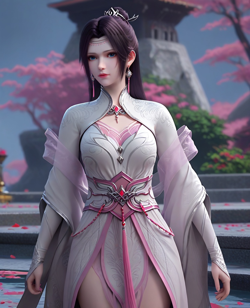 (oriental architecture, elegant decor, sophisticated style:1.1),(Standing with legs crossed, hands on the hips,:1.1),looking at viewer,(breasts:1.2),<lora:XL16斗破苍穹花宗云韵:0.95>,miss yunyun,white dress,blue eyes,traditional chinese updo with long cascading hair,black hair,hair ornament,earrings,jewelry,bolero,pink sheer shawl,wide flowing sleeves,pink chiffon bra,sash,opera gloves sleeves,, score_9,score_8_up,score_7_up,score_6_up,score_5_up,score_4_up,3d rendering,tag1,tag2, Cinematic Lighting,backlighting,, zPDXL3, zPDXL2,zPDXL, zPDXLxxx, zPDXLrl,