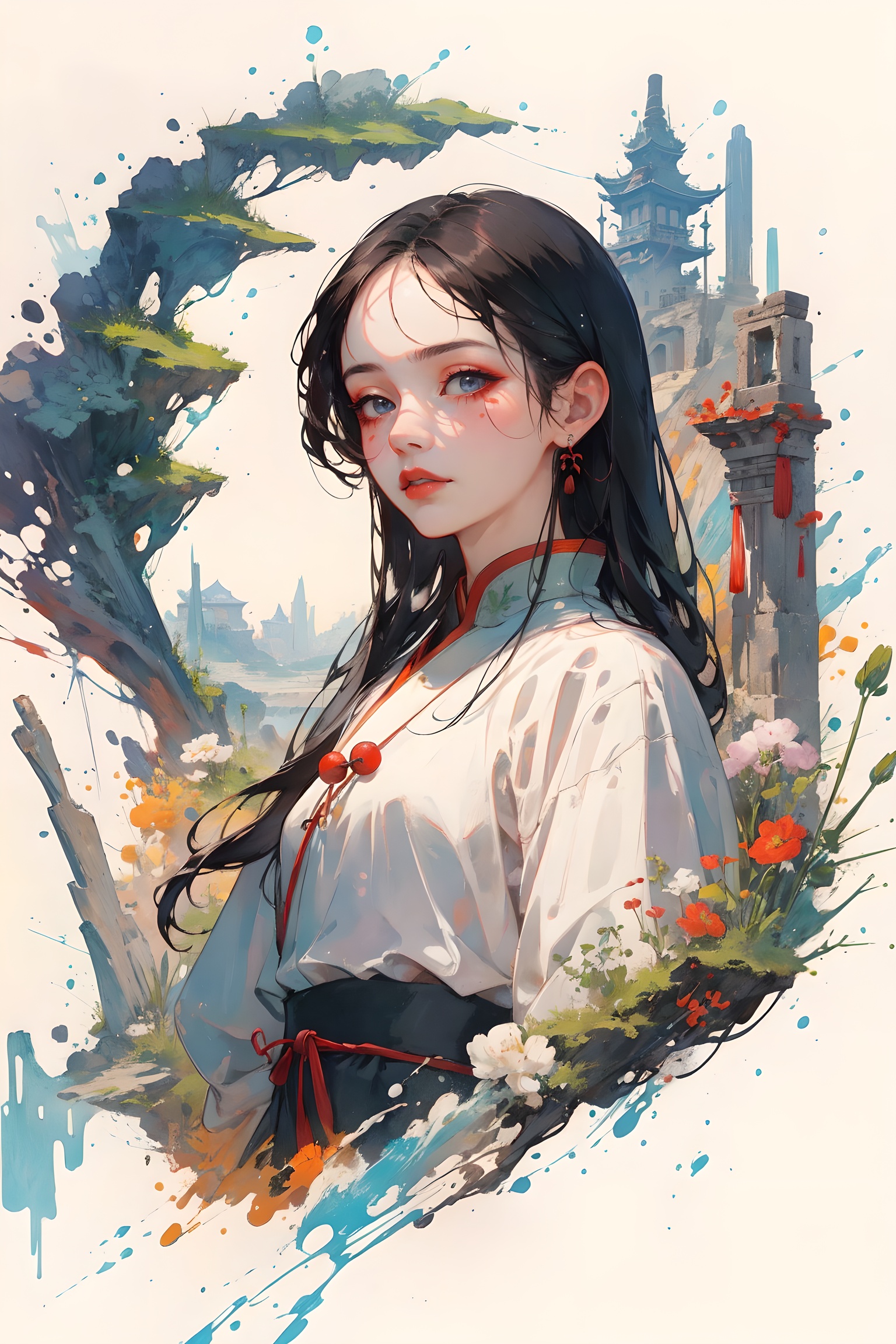 one girl,masterpiece,best quality,pigment, Facial detail,Landscape background,Exquisite makeup, (colorful:0.85),ancient China