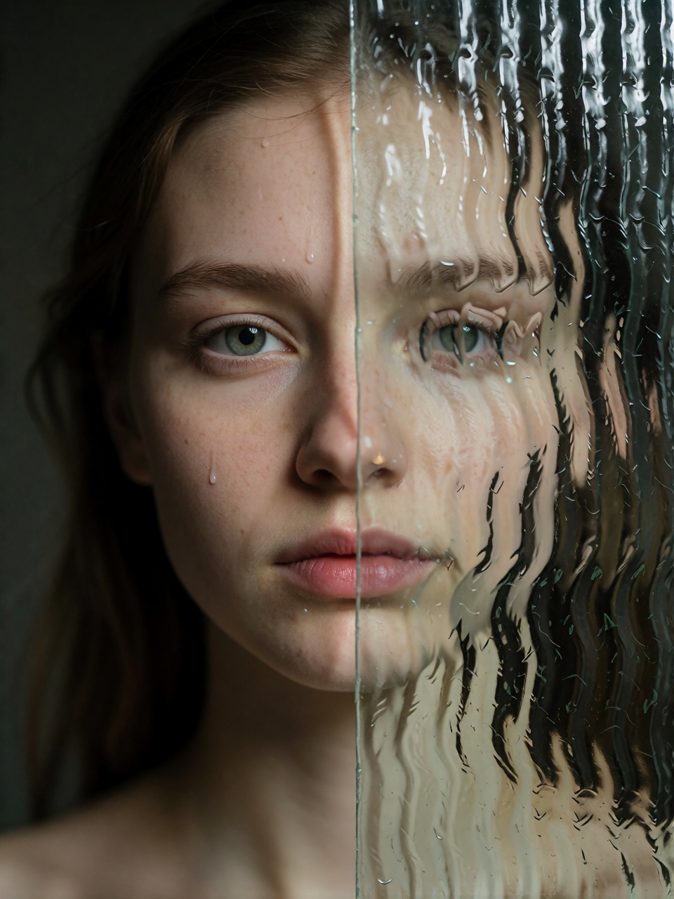 close portrait of a woman photographed directly through a large sheet of vertically rippled antique glass,  the glass visi...