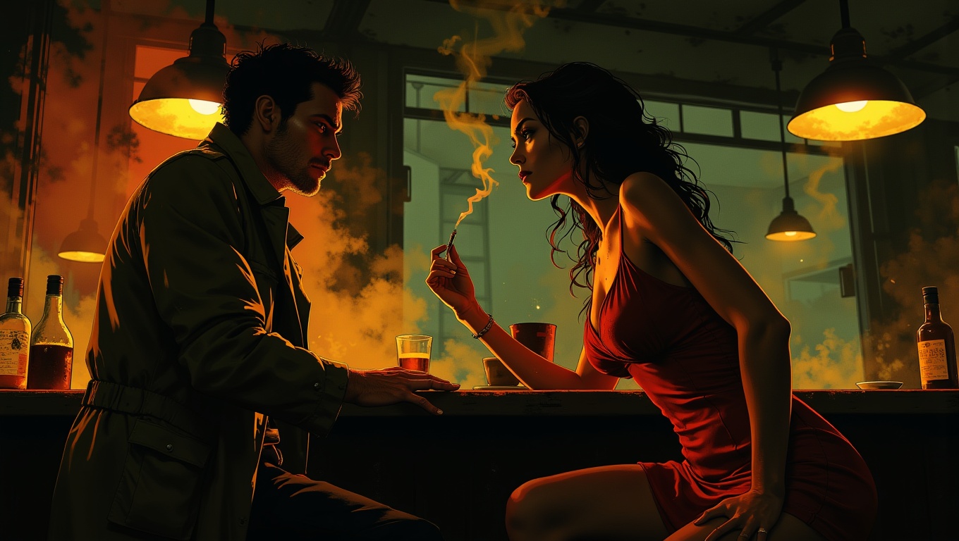 In a smoky,  dimly lit bar,  a stunning femme fatale in a red dress seductively leans on the counter on Tensor.Art