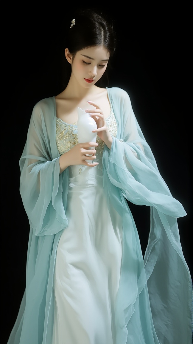 neomj,<lora:neomj古风v9_15:0.8>,A woman with dark hair styled in a bun,wearing a pale blue flowing gown with a gold embroidered bodice,holds a white vase in her hands. The background is a solid black. A sheer,light blue fabric billows around her.,