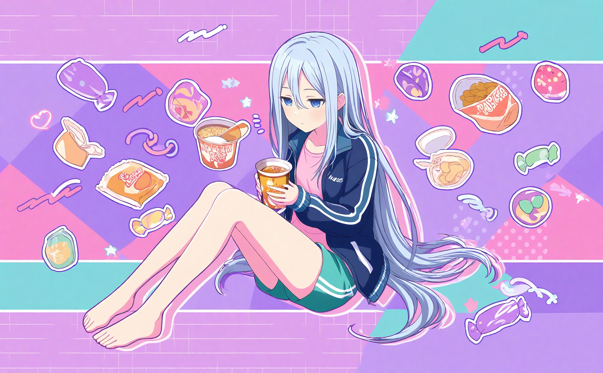 masterpiece,highres,absurdres,newest,best quality,loli,petite,high quality,chromatic_aberration,//,yoisaki_kanade,1girl,jacket,solo,long_hair,food,shorts,open_clothes,open_jacket,blue_jacket,grid_background,barefoot,hair_between_eyes,chips_\(food\),holding,shirt,knees_together_feet_apart,candy_wrapper,aqua_shorts,very_long_hair,bare_legs,long_sleeves,potato_chips,blue_hair,track_jacket,full_body,knees_up,pink_shirt,blue_eyes,star_\(symbol\),dot_nose,straight_hair,closed_mouth,candy,purple_background,blue_shorts,drop_shadow,holding_food,snack,pink_background,nissin_cup_noodle,light_blue_hair,floating,purple_jacket,character_name,collarbone,cup_ramen,sidelocks,eating,sitting,notice_lines,multicolored_background,legs,polka_dot_background,striped_background,half-closed_eyes,double-parted_bangs,pudding,can,expressionless,double_vertical_stripe,short_shorts,polka_dot,striped_clothes,green_shorts,outline,hood,pastel_colors,hood_down,toes,cookie,aqua_jacket,wrapped_candy,hooded_jacket,eyelashes,blue_background,jitome,drink,plaid_background,bag_of_chips,plaid,//,<lora:PJSKcg925——【NOOB】hans:0.8>,