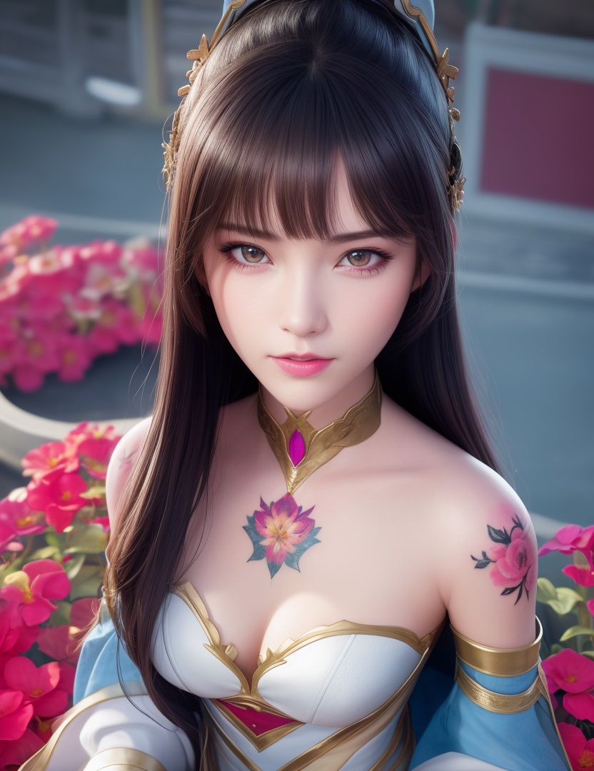 <lora:528-DA-万古狂帝-林柔:0.8>(,1girl, ,best quality, ),looking at viewer,  ,,ultra detailed background,ultra detailed background,ultra realistic 8k cg,, ,masterpiece, (( , )),ultra realistic 8k cgSurrounded by strange, movie perspective, advertising style, Colorful background, splash of color A beautiful woman with delicate facial features,tattoo all over body, flower arms,from above,