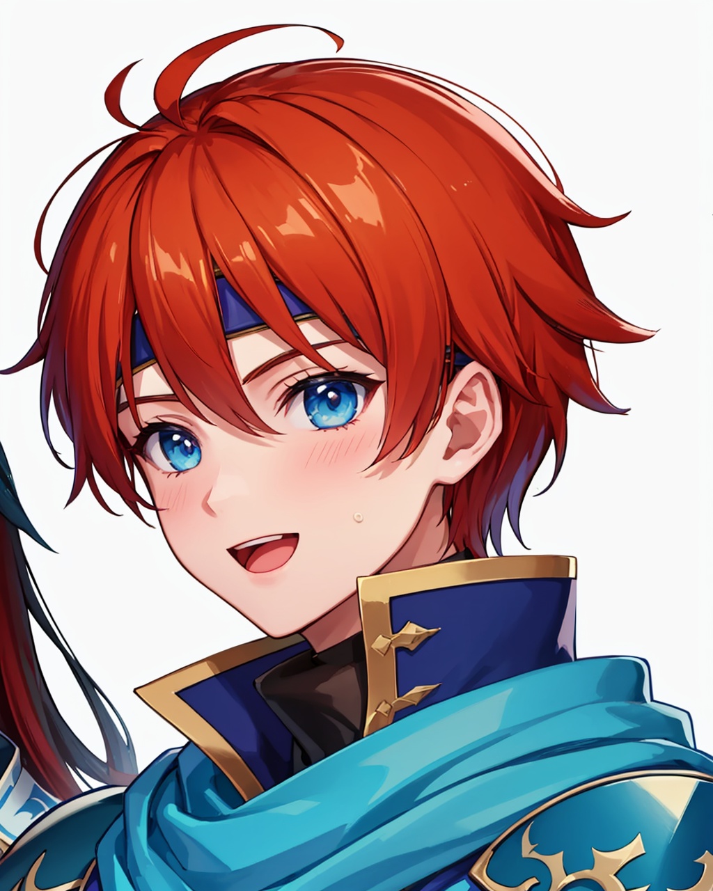 masterpiece,best quality, highly detailed, eliwood (fire emblem),1boy, male focus, solo, smile, cape, blush, open mouth, headband, simple background, armor, white gloves,<lora:eliwood_(fire_emblem):1>