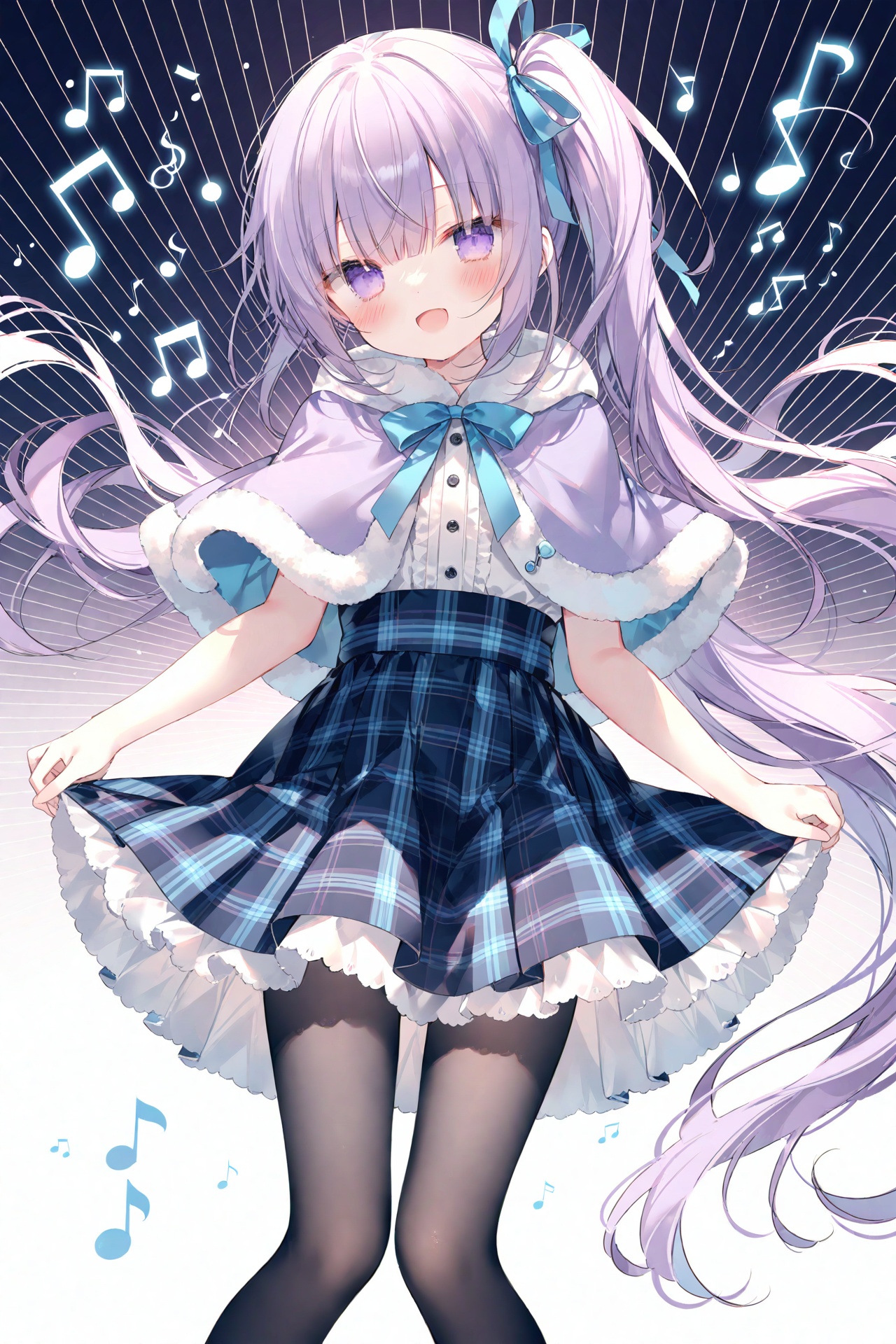 (masterpiece),(best quality),[Artist chen bin],[Artist onineko],loli,1girl,solo,purple eyes,long hair,pantyhose,ribbon,smile,open mouth,skirt,hair ribbon,plaid,plaid skirt,musical note,looking at viewer,black pantyhose,:d,capelet,side ponytail,eighth note,treble clef,striped background,very long hair,bangs,purple hair,blush,