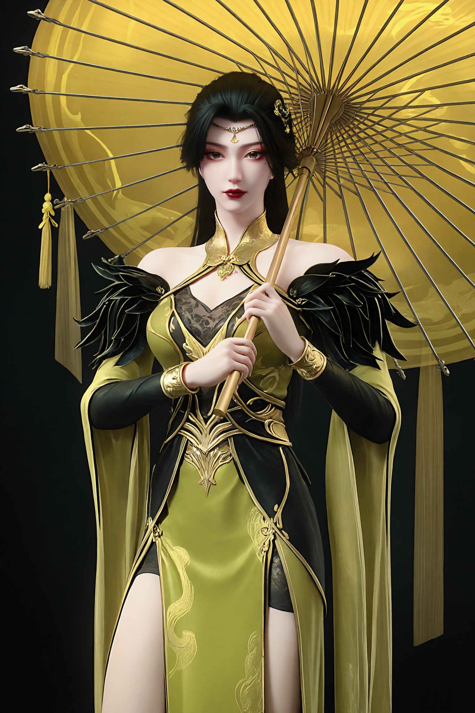 black background,standing,looking at viewer,umbrella, holding umbrella, 1girl,lry\(csj\),black hair,long hair,hair ornament,brown eyes,mole under eye,red lips,makeup,eyeshadow,jewelry,yellow-green dress,bare shoulders,long sleeves,chinese clothes,black sleeves,clothing cutout,bracelet,feather trim,gold trim,circlet,black footwear,