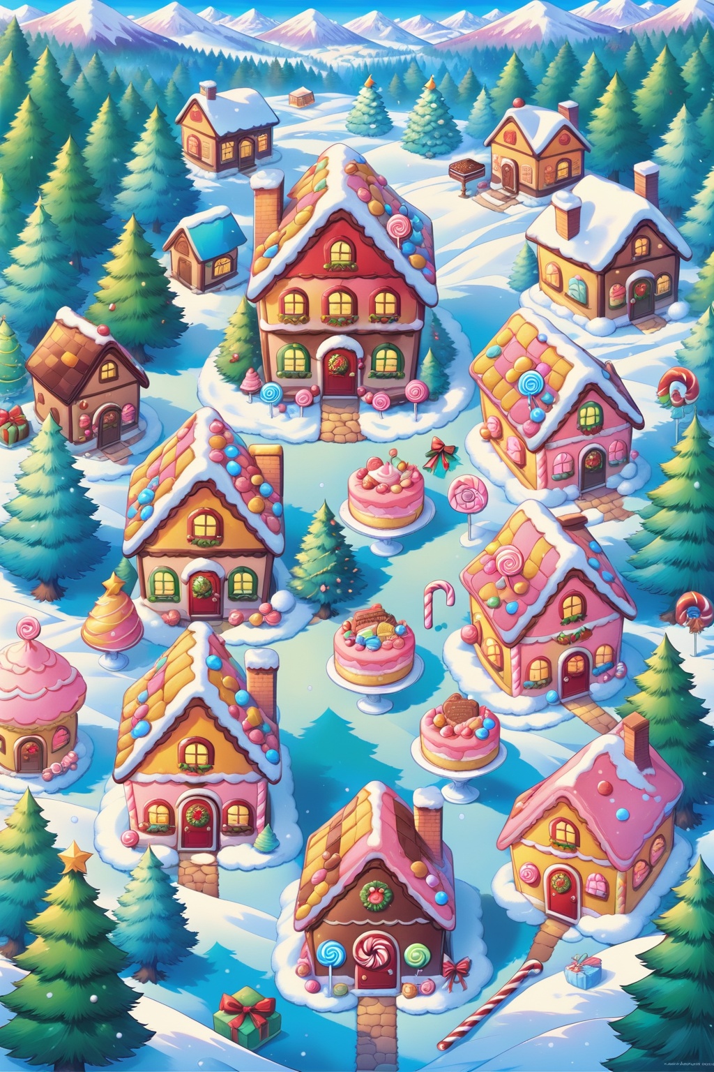 outdoors, food, tree, no humans, window, candy, nature, scenery, snow, forest, mountain, house, christmas tree, candy cane, chimney, pine tree,Candy, cake, chocolate, sandwich cookies, mushrooms, straw hats， <lora:lora:0.8>