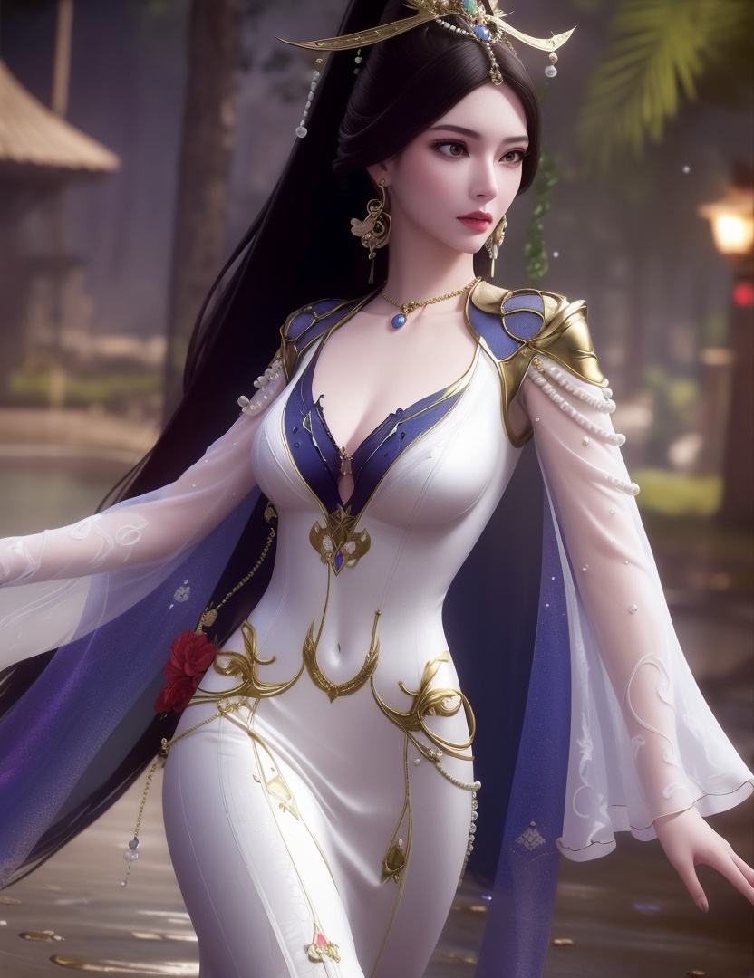<lora:510-DA-万古狂帝-秋清儿:0.8>(,1girl, ,best quality, ),looking at viewer,  ,ultra detailed background,ultra detailed background,ultra realistic 8k cg,, ,masterpiece,((((1girl, solo,  , solo focus, ,walking on liquid, ))))    (cleavage), (), ,ultra realistic 8k cg,   clean, masterpiece,     cinematic lighting, cinematic bloom, , (( , )),,  , unreal, science fiction, luxury, jewelry, diamond, gold, pearl, gem, sapphire, ruby, emerald, intricate detail, delicate pattern, charming, alluring, seductive, erotic, enchanting, hair ornament, necklace, earrings, bracelet, armlet,see-through sleeves, ,