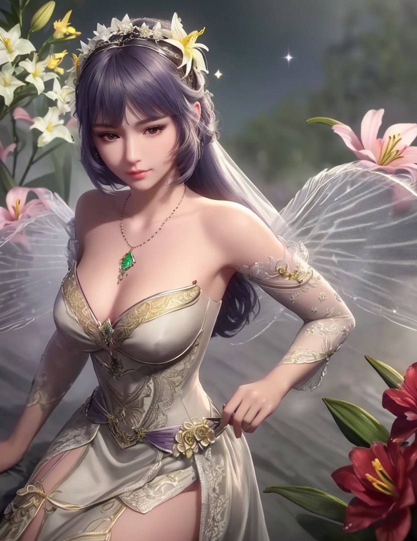 ultra realistic 8k cg, picture-perfect face, flawless, clean, masterpiece, professional artwork, famous artwork, cinematic lighting, cinematic bloom, perfect face, beautiful face, fantasy, dreamlike, unreal, science fiction,   lace, lace trim, lace-trimmed legwear,  (rich:1.4), prestige, luxury, jewelry, diamond, gold, pearl, gem, sapphire, ruby, emerald, intricate detail, delicate pattern, charming, alluring, seductive, erotic, enchanting, hair ornament, necklace, earrings, bracelet, armlet,halo((,1girl, pov,))  ((, 1girl, solo, star_\(symbol\),lily \(flower\),hair flower, dress, jewelry))<lora:DA_BaiChenXiang:0.6>