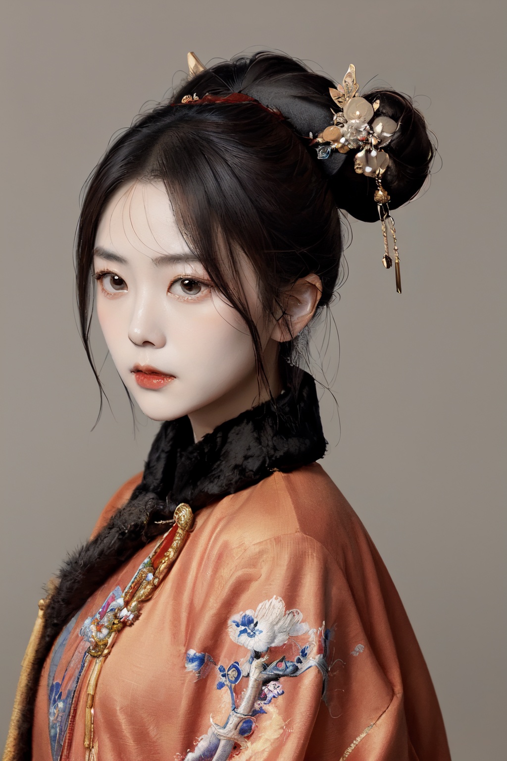 masterpiece,best quality,qing dynasty women's hair buns,simple_background,<lora:清代宫廷人设>,hair_bun,close-up,qing dynasty clothing,portrait,ancient china,portrait,