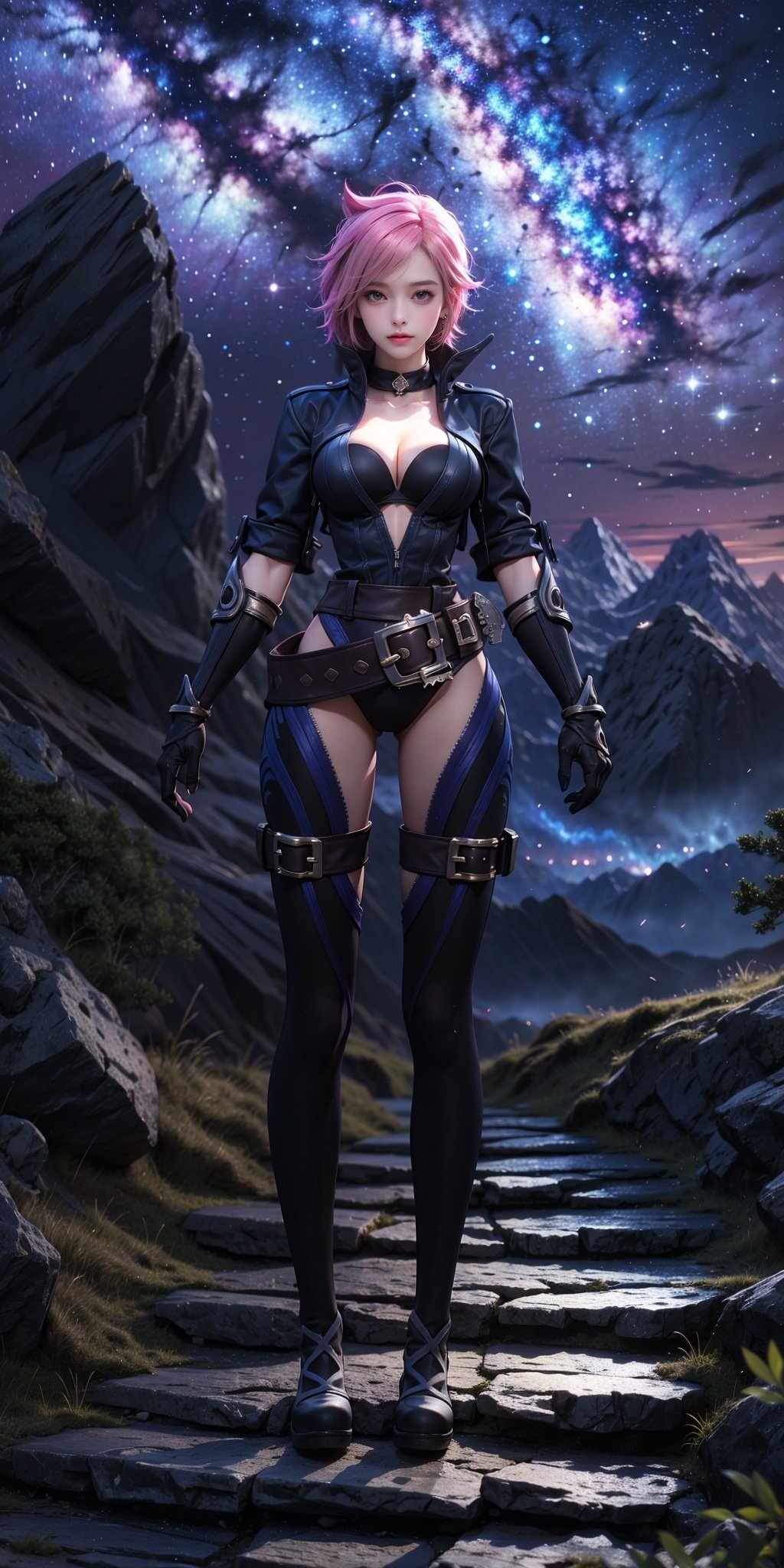 <lora:AK_20240305124859-000007:0.75>,AK,scenery,sky,star \(sky\),starry sky,outdoors,night,tree,night sky,cloud,mountain,nature,milky way,1girl,solo,pink hair,full body,short hair,gloves,belt,jacket,cleavage,looking at viewer,thighhighs,medium breasts,alternate costume,cropped jacket,boots,jewelry,open jacket,black gloves,bangs,ponytail,blue eyes,hair ornament,open clothes,purple eyes,, (raw photo:1.2),((photorealistic:1.4))best quality,masterpiece,illustration,an extremely delicate and beautiful,extremely detailed,CG,unity,8k wallpaper,Amazing,finely detail,masterpiece,best quality,official art,extremely detailed CG unity 8k wallpaper,absurdres,incredibly absurdres,huge filesize,ultra-detailed,highres,extremely detailed,beautiful detailed girl,cinematic lighting,1girl,pale skin,tall female,(perfect body shape),skinny body,Slender legs,, pale skin,tall man,long legs,thin leg,