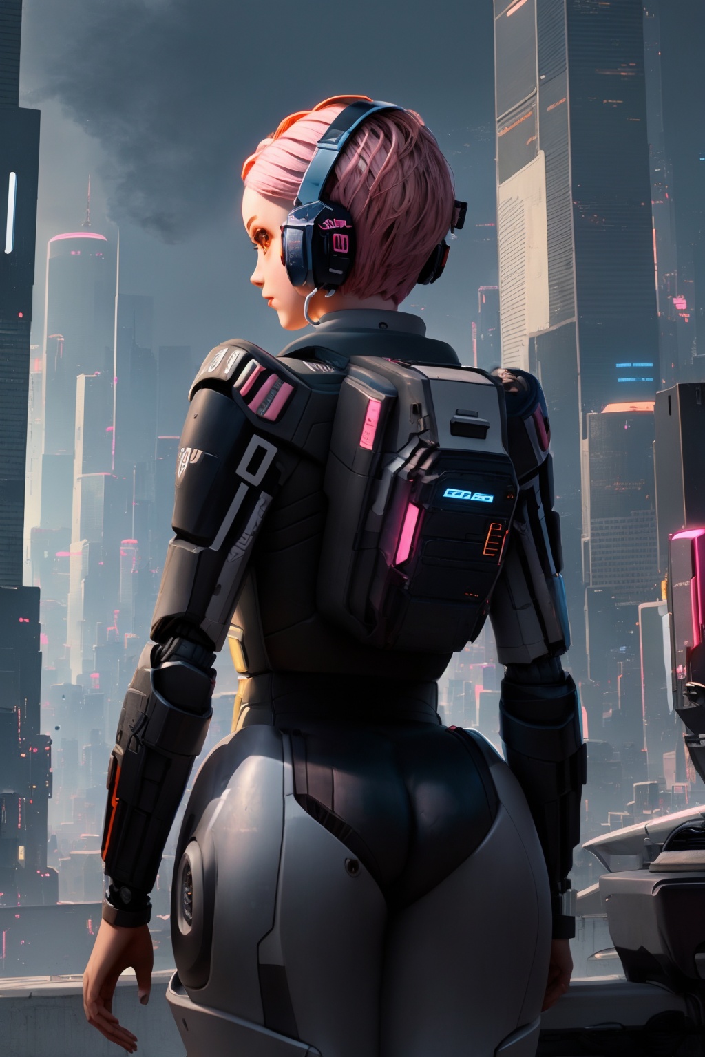 <lora:lida_15:1:lbw=KEEPCHAR>,lida,1girl,solo,headset with microphone,wearing a futuristic armored suit,short hair,ass,outdoors,from behind,ground vehicle,building,motor vehicle,science fiction,cowboy shot,city,car,cyborg,power armor,bodysuit,night,backpack,facing away,cyberpunk,a female character with short pink hair and wearing a futuristic armored suit,she is seen from the back,looking out over a bustling cityscape,the city is filled with tall skyscrapers and neon lights and flying vehicles,the character's suit is predominantly black with orange and gray accents,she has a device or gadget attached to her back,and she's wearing headphones,the overall ambiance of the image suggests a cyberpunk or futuristic setting,female character,futuristic armored suit,bustling cityscape,tall skyscrapers,flying vehicles,device or gadget,headphones,