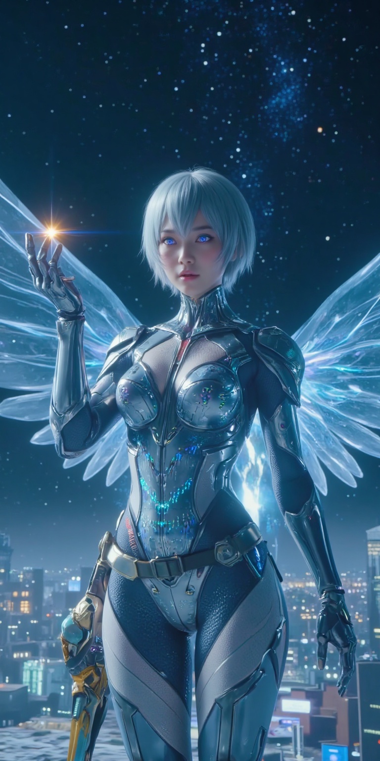 Science fiction film.The visual texture is incredibly,incredibly,incredibly realistic film,Under a boundless expanse of stars,a futuristic city hovers,with buildings as transparent and sparkling as crystals,their light weaving into a dazzling network. The female protagonist stands at the edge of the city,her silver hair gently floating,her eyes a breathtaking rainbow hue,shimmering with an incredible glow in the darkness.,Her skin is so fair it appears almost translucent,as if it might dissolve into starlight at any moment. She wears a tight-fitting suit **** of metal,studded with tiny,luminescent scales that emit captivating light and shadow with each movement. At her waist,she carries a peculiar weapon,shaped **** some relic from an ancient civilization,yet exuding a powerful energy fluctuation.,Suddenly,a pair of transparent wings unfold from her back. These are not ordinary wings but ethereal ones woven from light and energy. Her gaze is filled with unwavering determination,as if to protect this starry sky or perhaps to seek out some eternal destiny. She raises her hand gently,and a brilliant star floats in her palm,emitting a warm glow.,