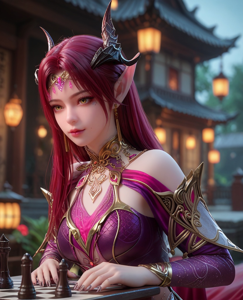 (oriental architecture, elegant decor, sophisticated style:1.1),(playing chess:1.1),(breasts:1.2),<lora:XL百炼成神剑灵妖夜:0.9>,miss yaoye,long hair,jewelry,red hair,pointy ears,armor,earrings,horns,hair ornament,breasts,barefoot,socks,yellow eyes,lips,elf,, zPDXL2, score_9, score_8_up, score_7_up BREAK realistic, masterpiece,best quality, highly detailed,, zPDXL3, zPDXL2,zPDXL, zPDXLxxx, zPDXLrl,