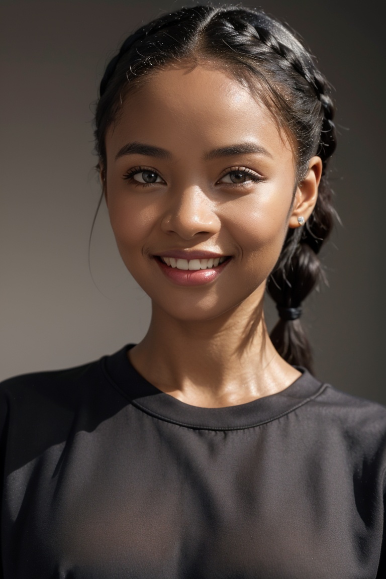 close up portrait of a black woman of (Africa:1.5)n descent,happy and smile expression,looking at camera,slight stubble,clean skin,brown eyes,wearing dark shirt,soft lighting,gray background,shallow depth of field,high-resolution image,studio shot,headshot,photographic realism,dirty braid,, masterpiece,best quality,